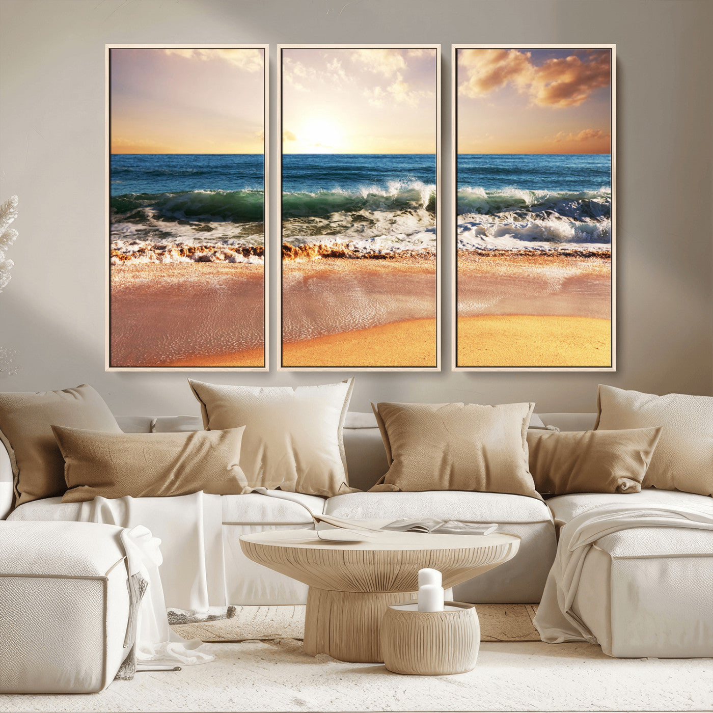 MGV-FC-48X32-3P - Sunset Beach Wall Art - 3-Panel Framed Canvas Print, Ready to Hang Ocean Sunset for Coastal and