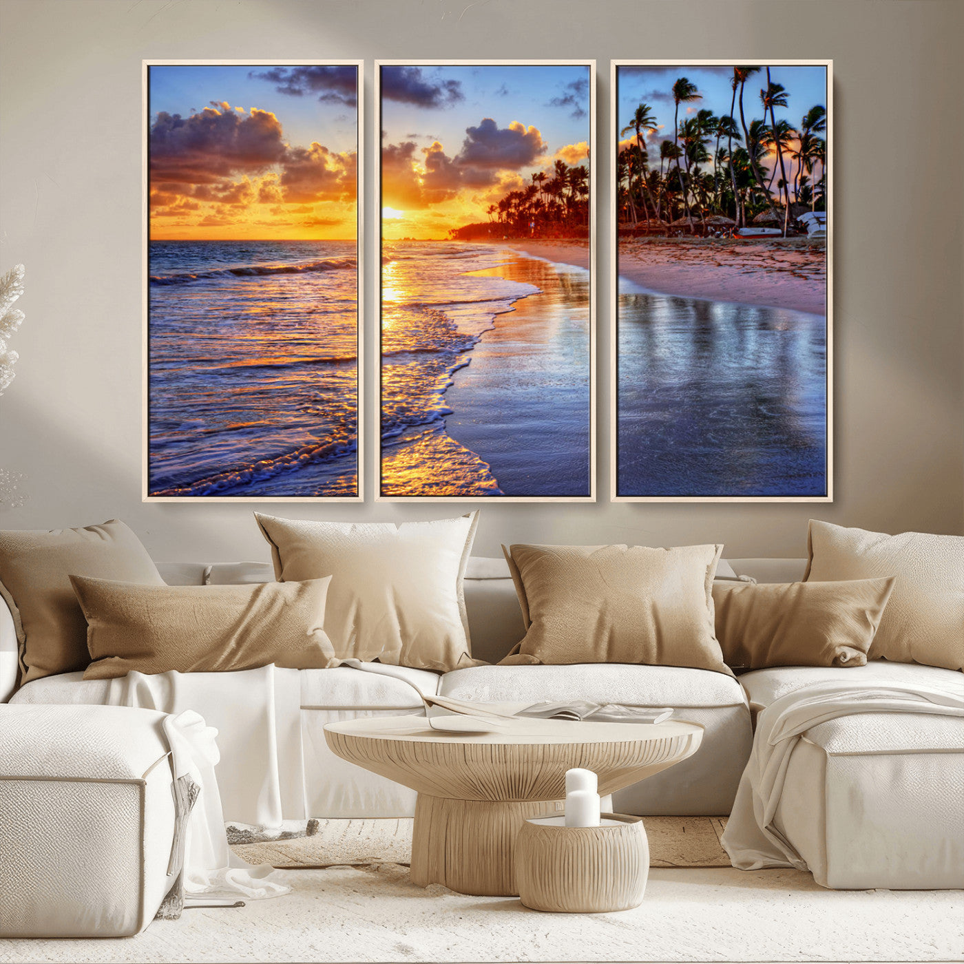 MGV-FC-48X32-3P - Serene Beach Sunset Wall Art Canvas- Coastal Seascape Print for Living Room or Bedroom, Ocean Waves