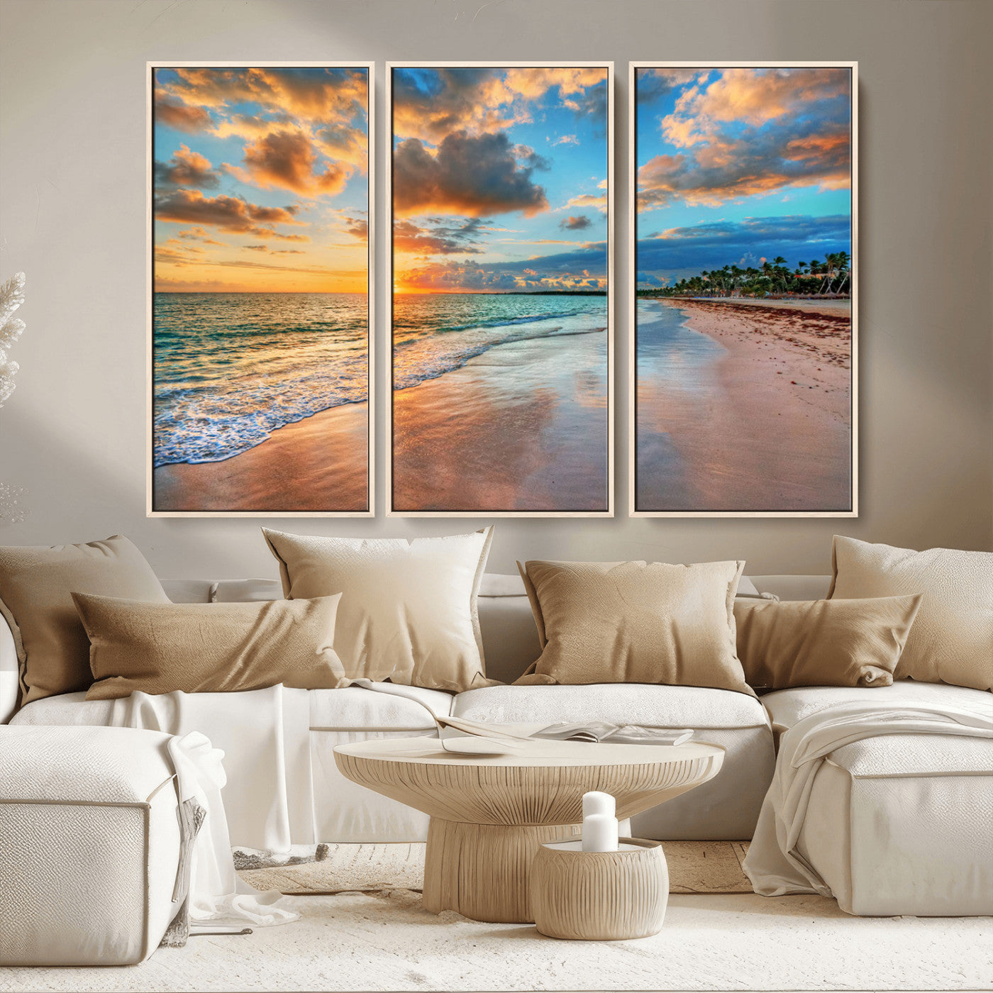 MGV-FC-48X32-3P - Serene Beach Sunset Wall Art | Coastal Ocean Canvas Print | Ready to Hang Tropical Decor for Home or