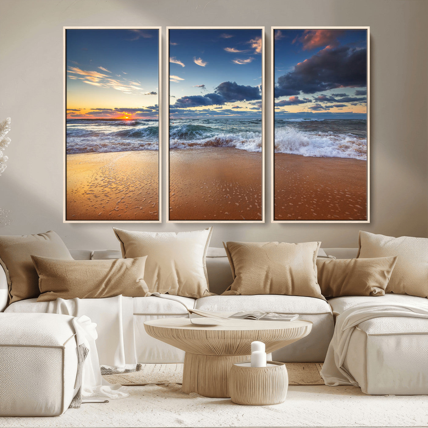 MGV-FC-48X32-3P - Beach Canvas Wall Art - Coastal Seascape Print for Living Room or Bedroom, Ocean Waves on Sand,