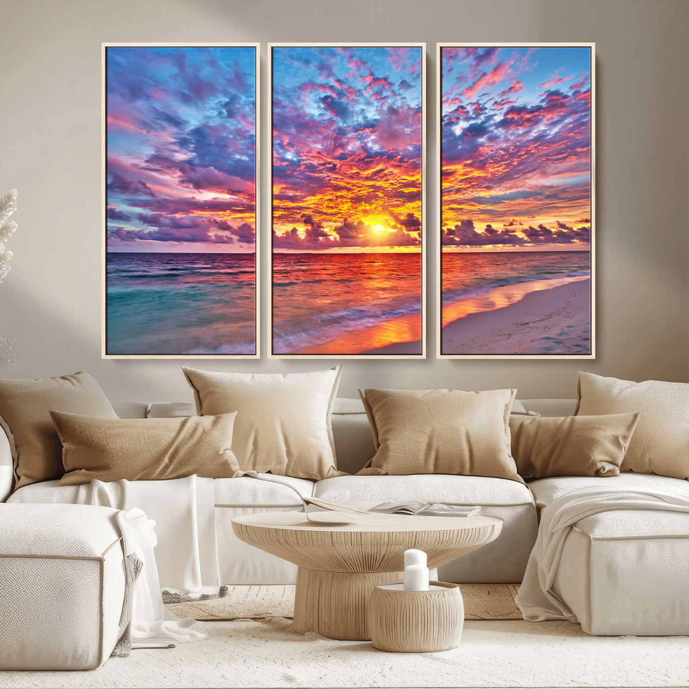MGV-FC-48X32-3P - Vibrant Sunset Beach Wall Art - Ocean Sunset Canvas Print | Coastal Wall Art Decor Stunning Sunset