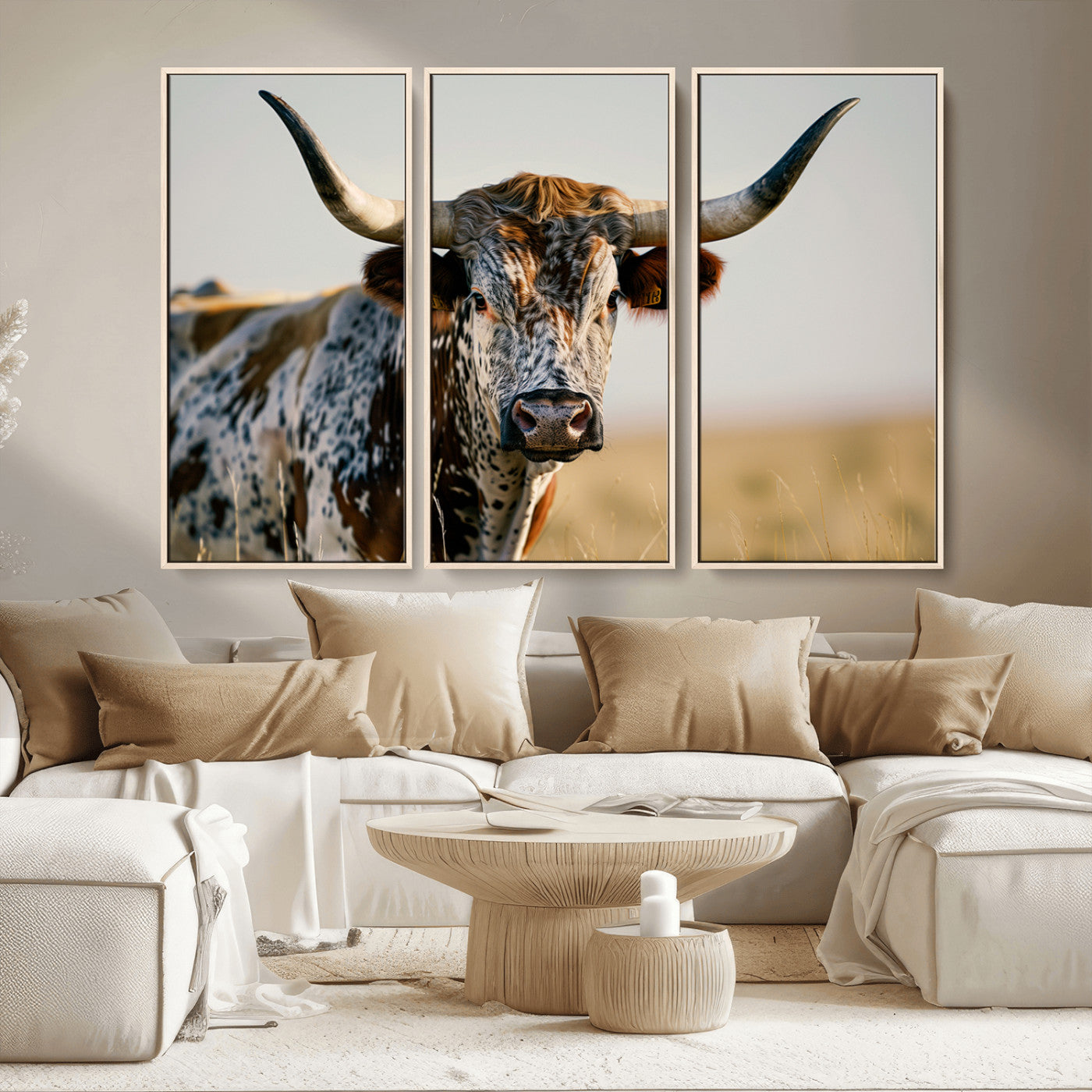MGV-FC-48X32-3P - Texas Bull Longhorn Wall Art Canvas Print for Farm House Wall Decor, Farmhouse Wall Art Print