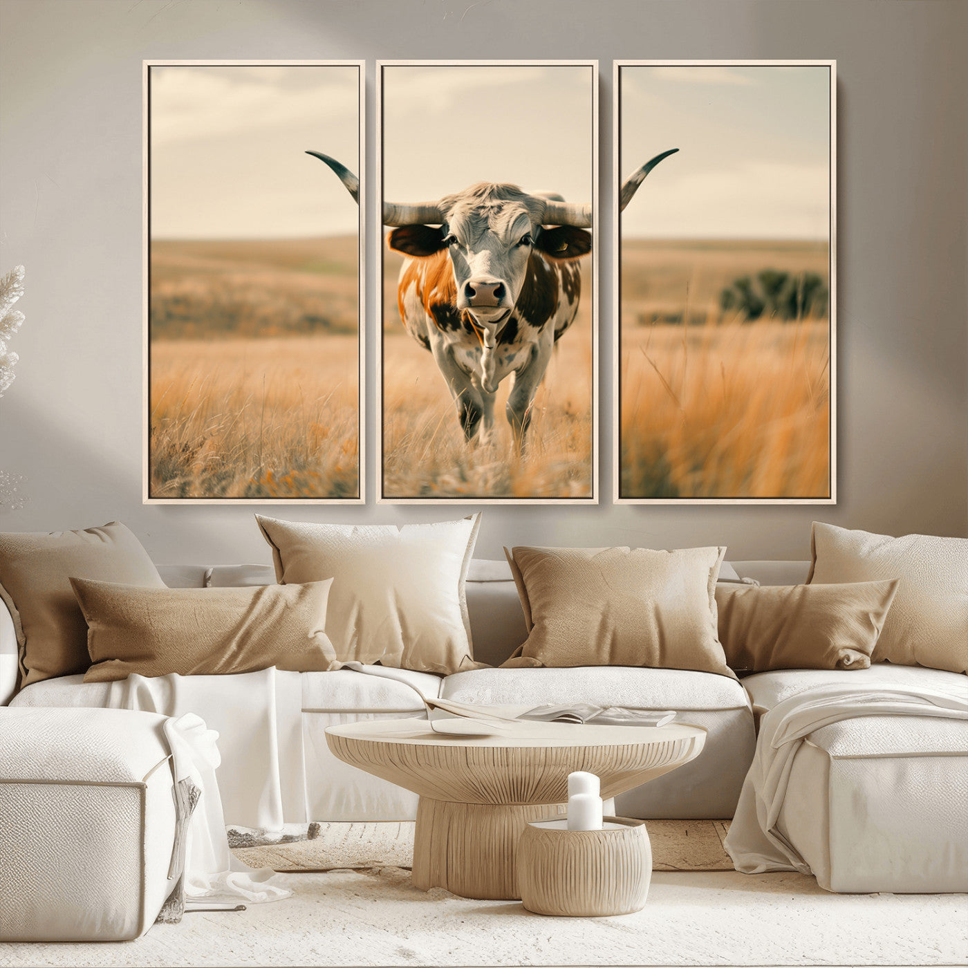 MGV-FC-48X32-3P - Texas Cow Wall Art Canvas Print for Farm House Wall Decor, Farmhouse Wall Art Print