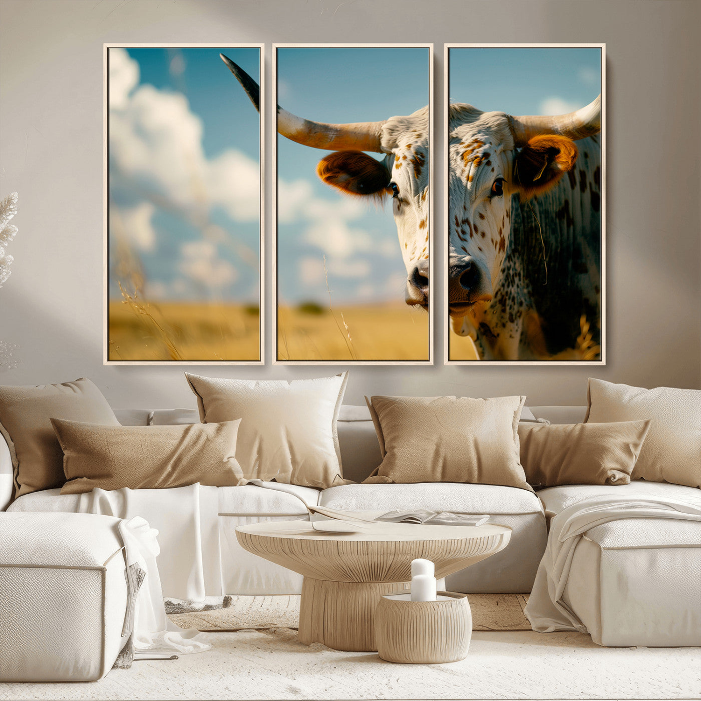 MGV-FC-48X32-3P - Longhorn in the Prairie - Stunning Ranch-Style Triptych Wall Art for Western Home Decor, Cowboy Wall