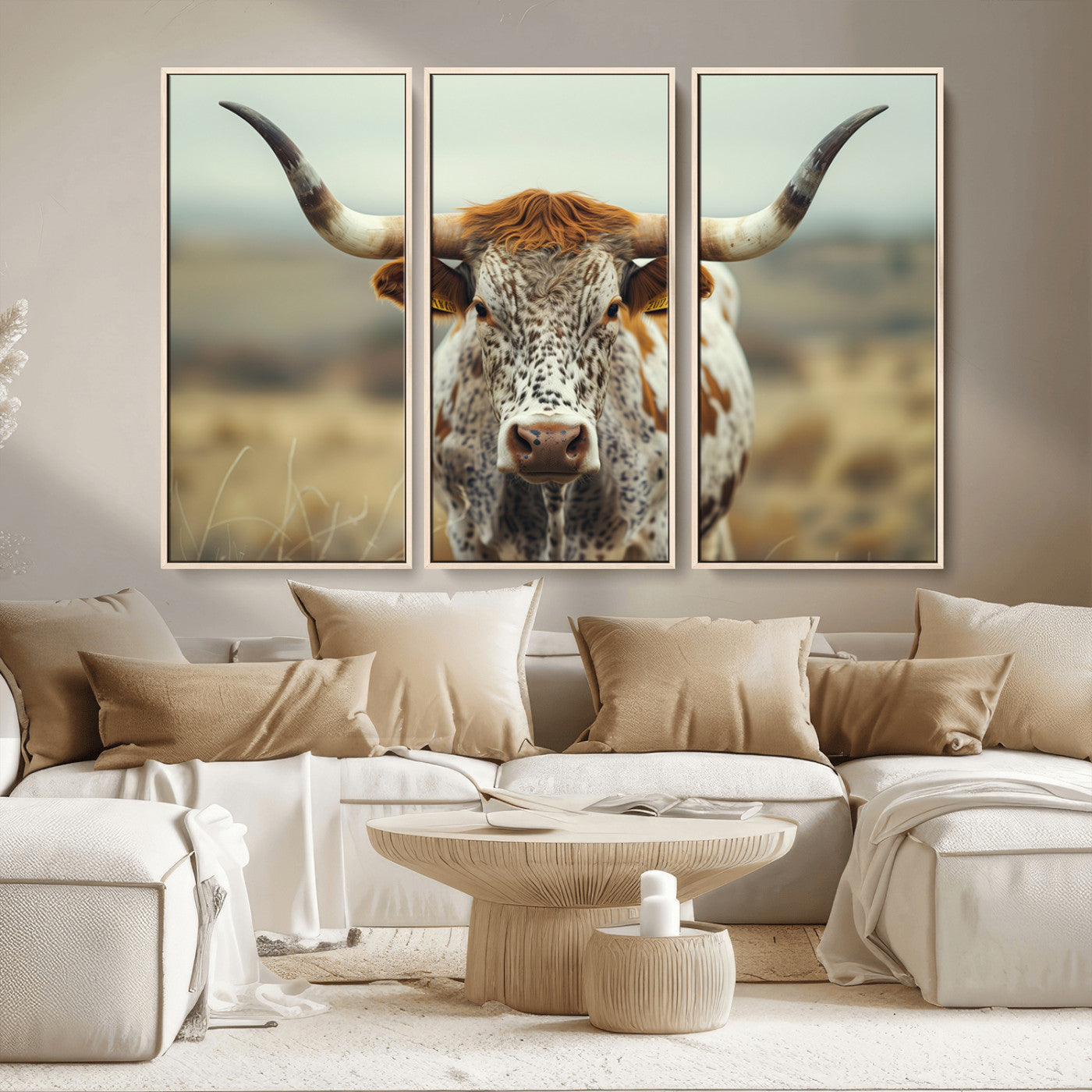 MGV-FC-48X32-3P - Texas Cow Longhorn Wall Art Canvas Print for Farm House Wall Decor, Farmhouse Wall Art Print