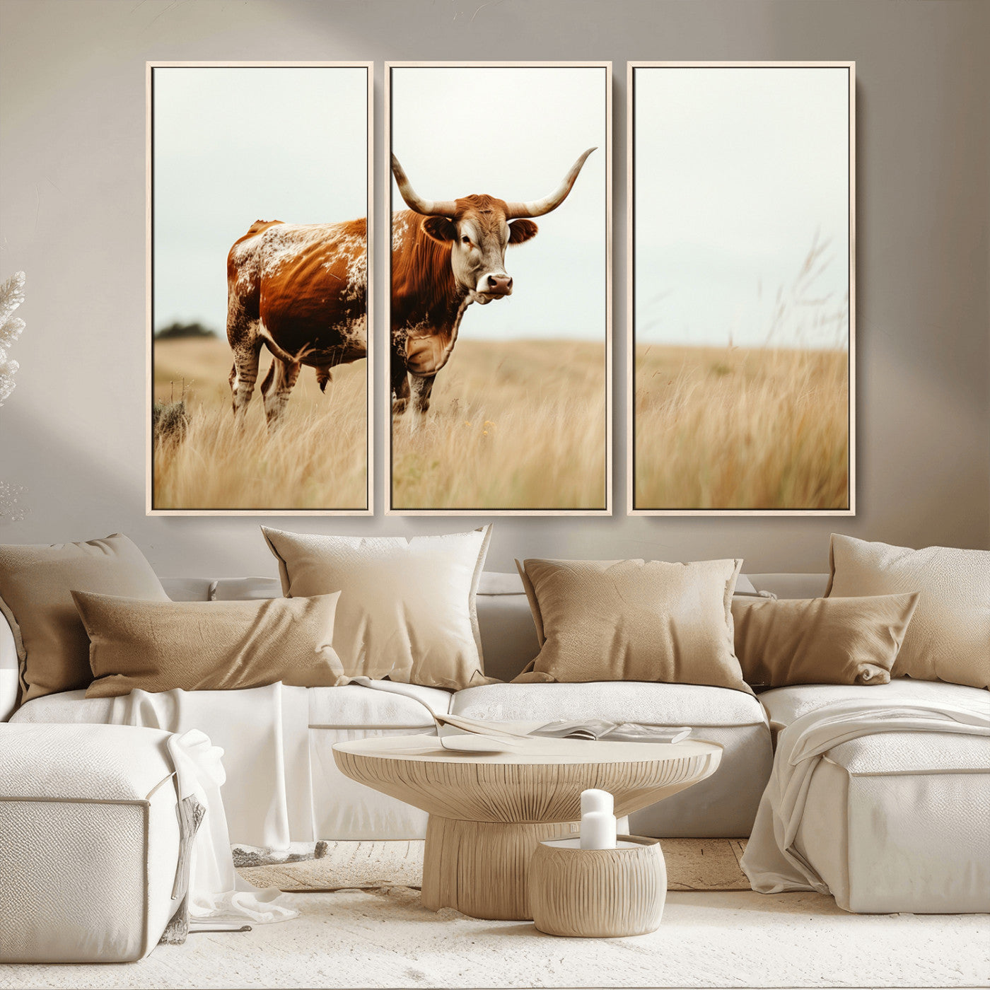 MGV-FC-48X32-3P - Texas Longhorn Canvas Wall Art Print – Majestic Western Cattle in Rustic Farmhouse Decor – Cow Wall
