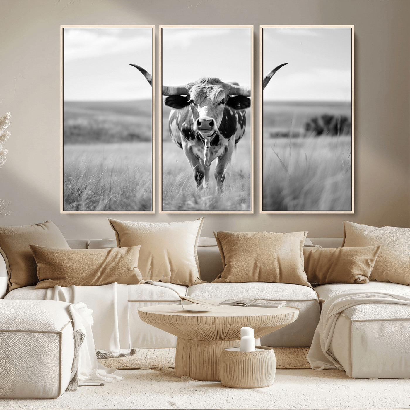 MGV-FC-48X32-3P - Texas Cow Longhorn Wall Art Canvas Print for Farm House Wall Decor, Farmhouse Wall Art Print