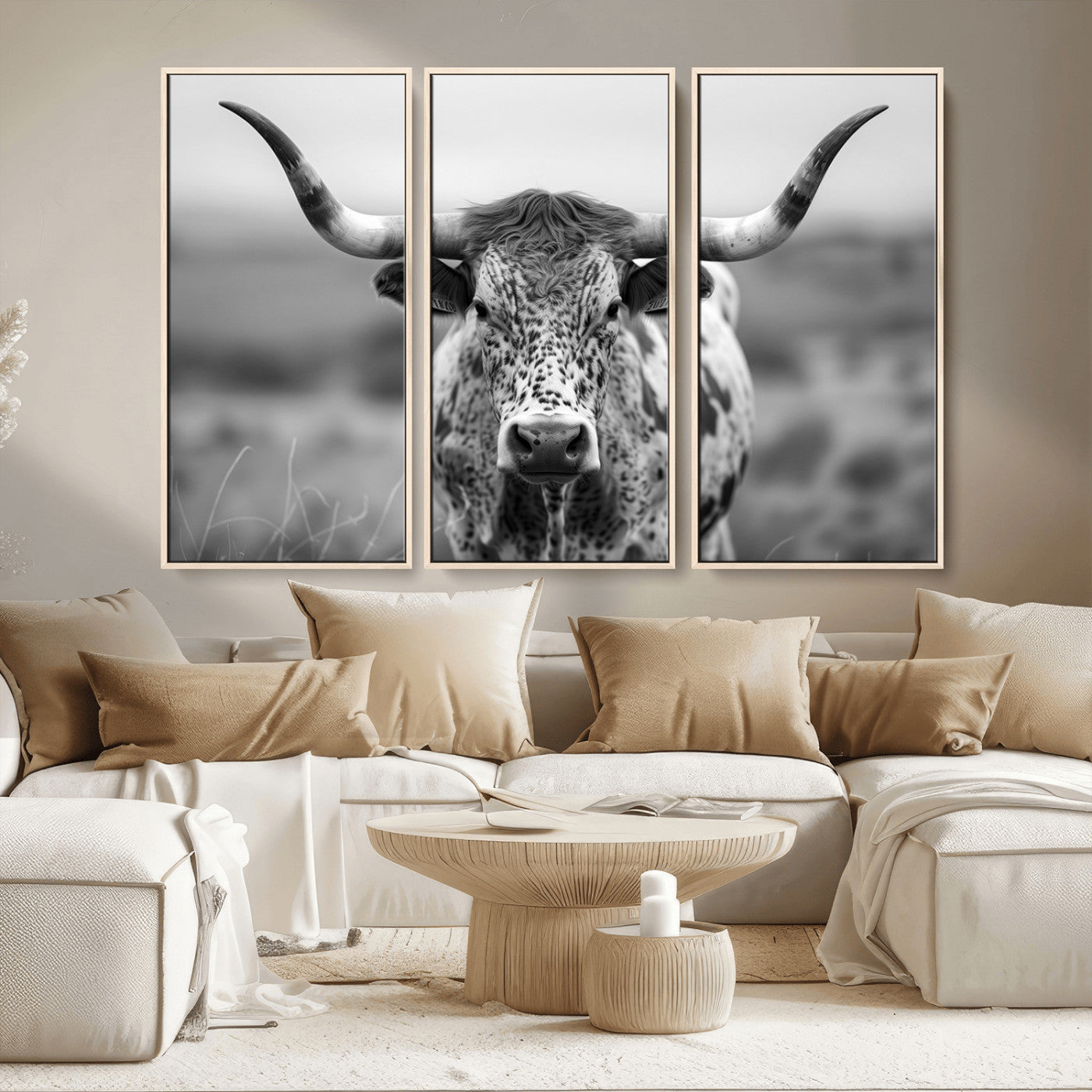 MGV-FC-48X32-3P - Texas Cow Longhorn Wall Art Canvas Print for Farm House Wall Decor, Farmhouse Wall Art Print