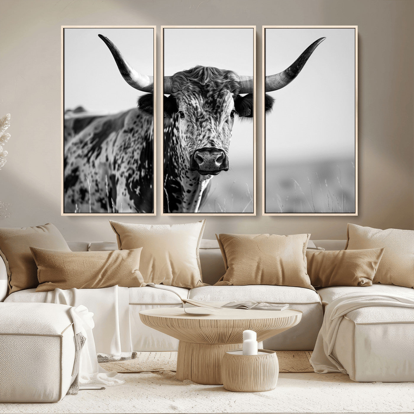 MGV-FC-48X32-3P - Texas Highland Cow Longhorn Canvas Print - Rustic Farmhouse Wall Art - Large Texas Longhorn