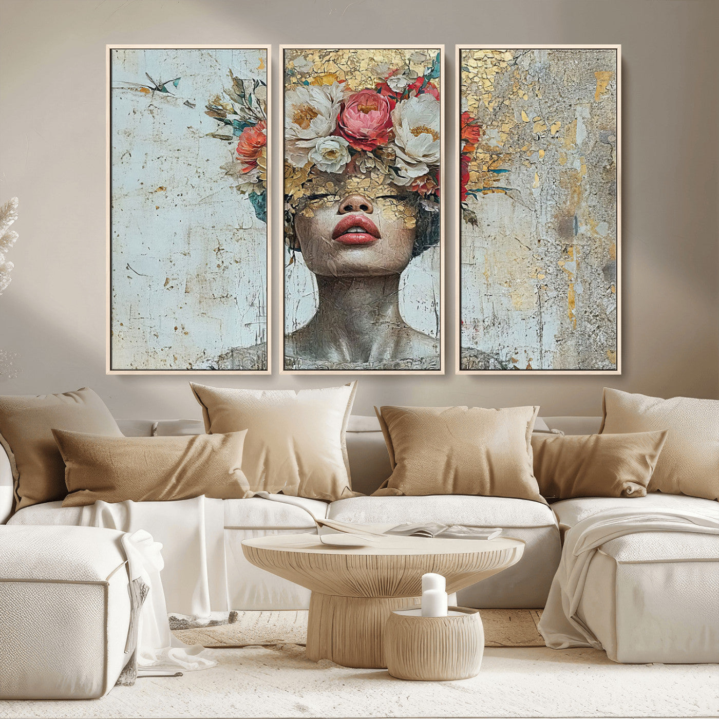 MGV-FC-48X32-3P - Golden Petal Wall Art Canvas Print - Silhouette Woman Wall Art Canvas Print, Floral Woman Portrait