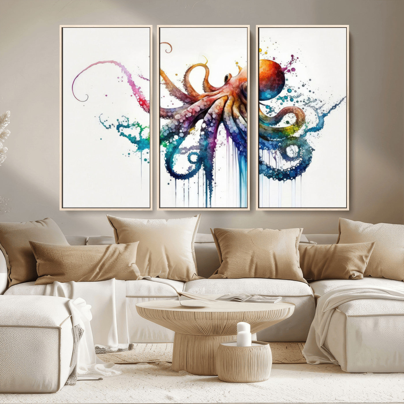 MGV-FC-48X32-3P - Watercolor Vibrant Octopus Wall Art Canvas Print | Abstract Sea Life Art | Colorful Marine Creature