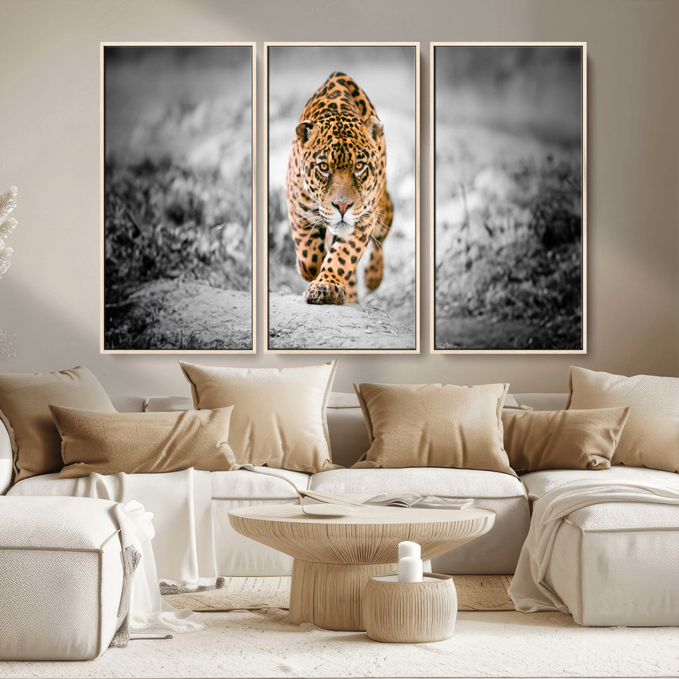 MGV-FC-48X32-3P - Jaguar Wall Art Canvas Print - Majestic Big Cat in Focused Pursuit - Ready to Hang