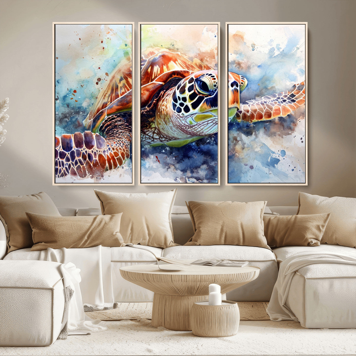 MGV-FC-48X32-3P - Watercolor Sea Turtle Wall Art Canvas Print - Vibrant Ocean Colors in Watercolor Style - Ready to