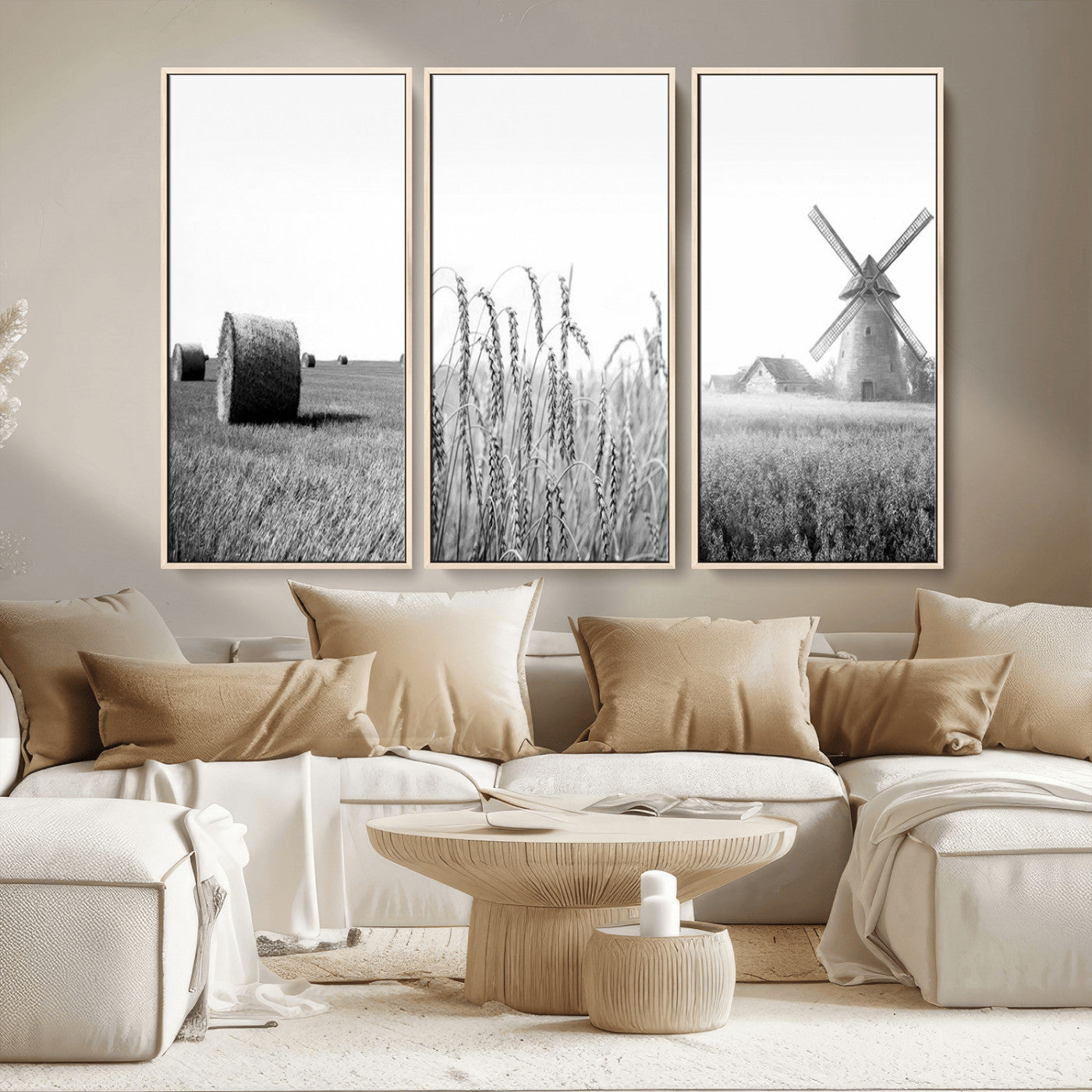 MGV-FC-48X32-3P - Vintage Farmhouse Black and White Triptych Wall Art – Giclee Canvas Featuring Wheat Fields, Hay