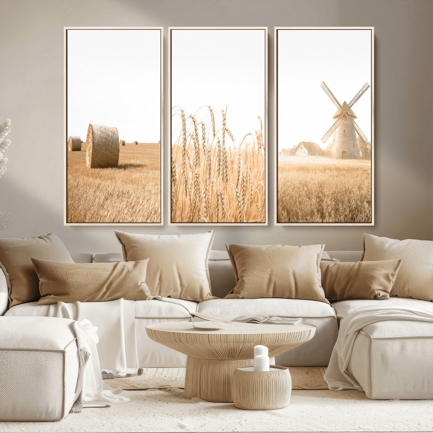 MGV-FC-48X32-3P - Vintage Farmhouse Triptych Wall Art – Giclée Canvas Featuring Wheat Fields, Hay Bales, and a