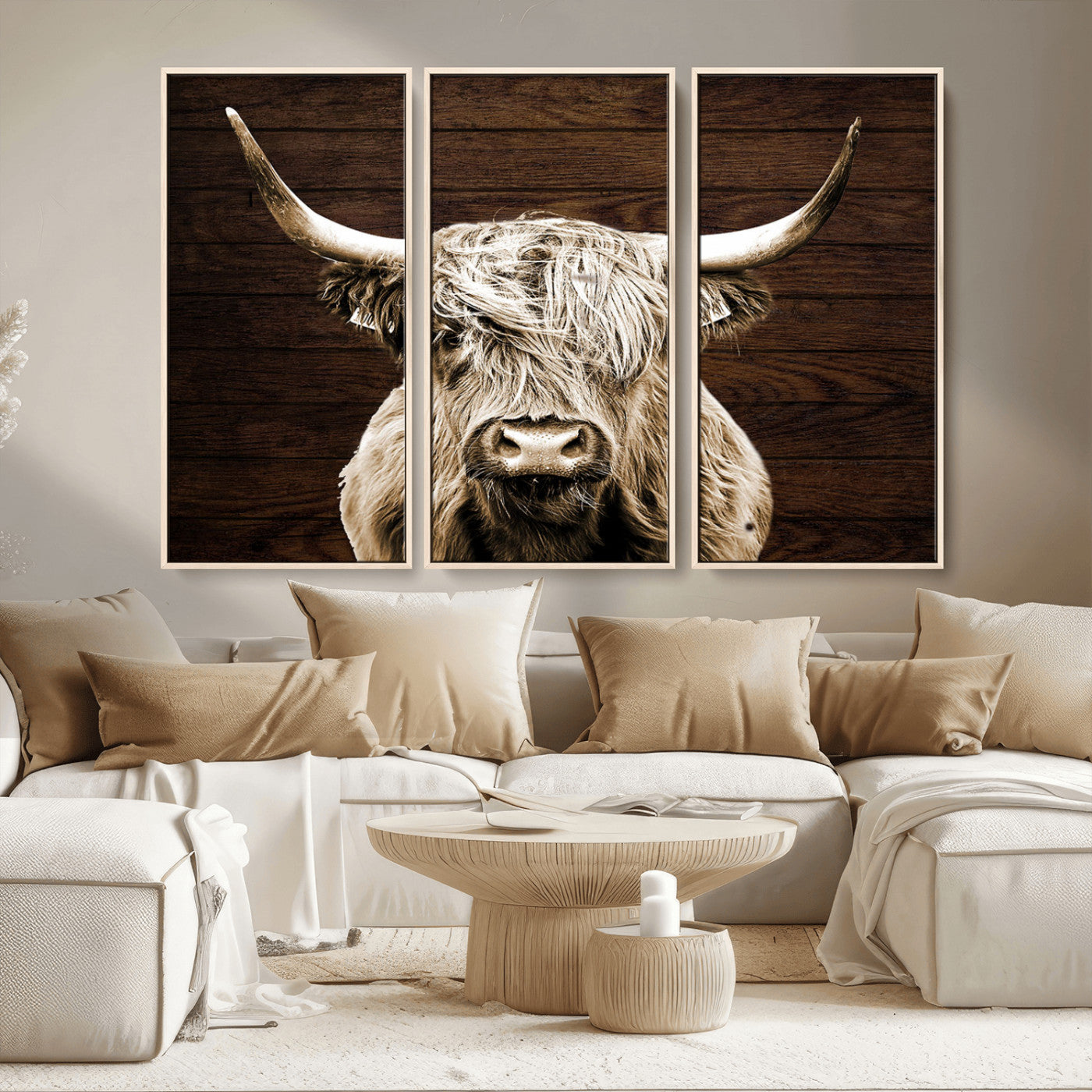MGV-FC-48X32-3P - Highland Cow Wall Art Canvas Print, Rustic Farmhouse Decor, Majestic Scottish Highland Bull Portrait