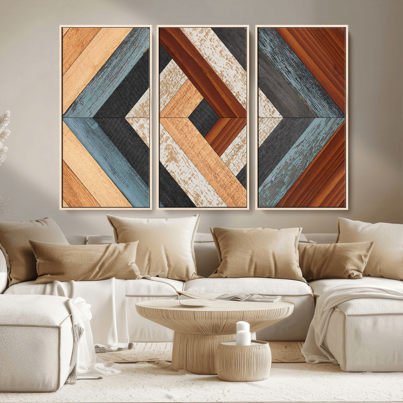 MGV-FC-48X32-3P - Geometric Wood Art Wall Decor Canvas Print, Rustic Wooden Pattern Triptych Wall Art for Living Room