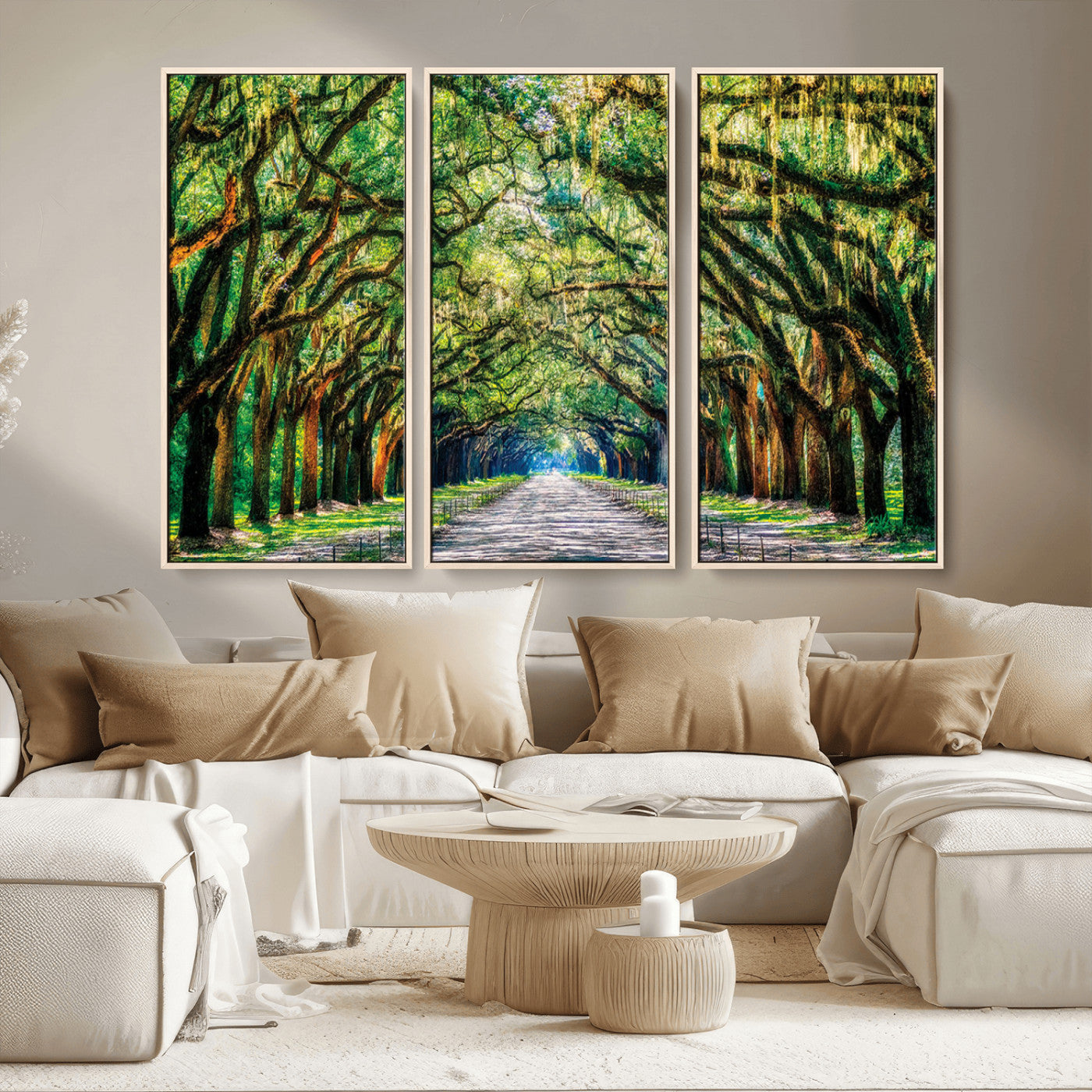 MGV-FC-48X32-3P - Serene Tree Tunnel Wall Art Canvas Print – Pathway Under Canopy of Lush Green Trees, Nature-Inspired