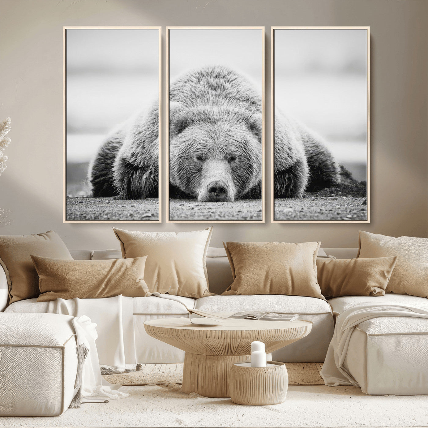 MGV-FC-48X32-3P - Resting Grizzly Bear Wall Art Canvas Print – Majestic Lazy Black and White Wildlife Bear Art,