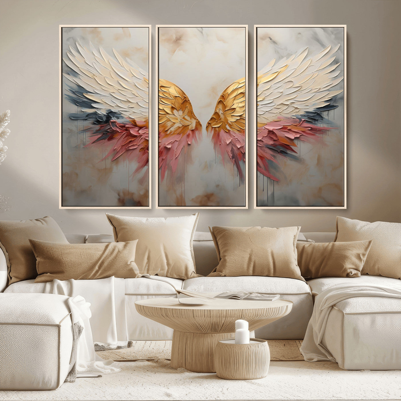 MGV-FC-48X32-3P - Golden Angel Wings Wall Art Canvas Print – Stunning Abstract Winged Art for Elegant Home Decor –