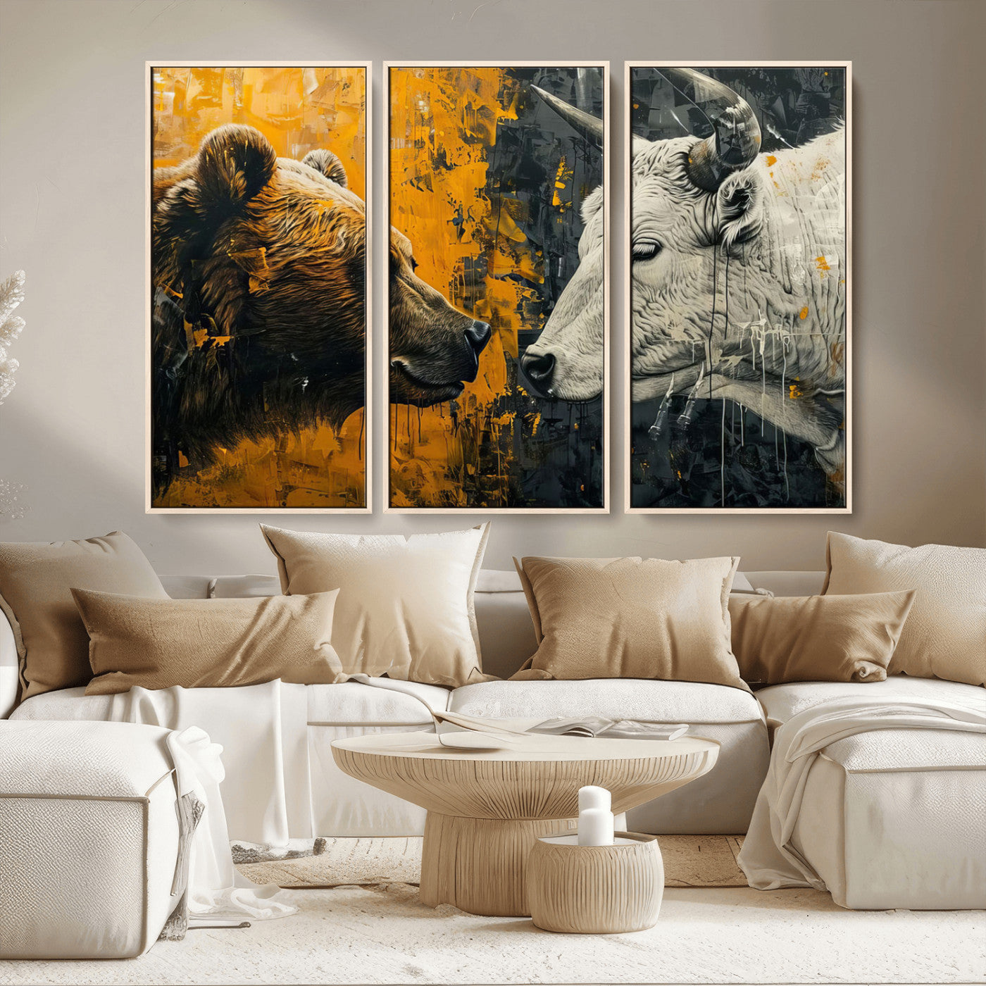 MGV-FC-48X32-3P - Bear and Bull Wall Art Canvas Print – Abstract Animal Portrait Painting for Modern Home Decor –