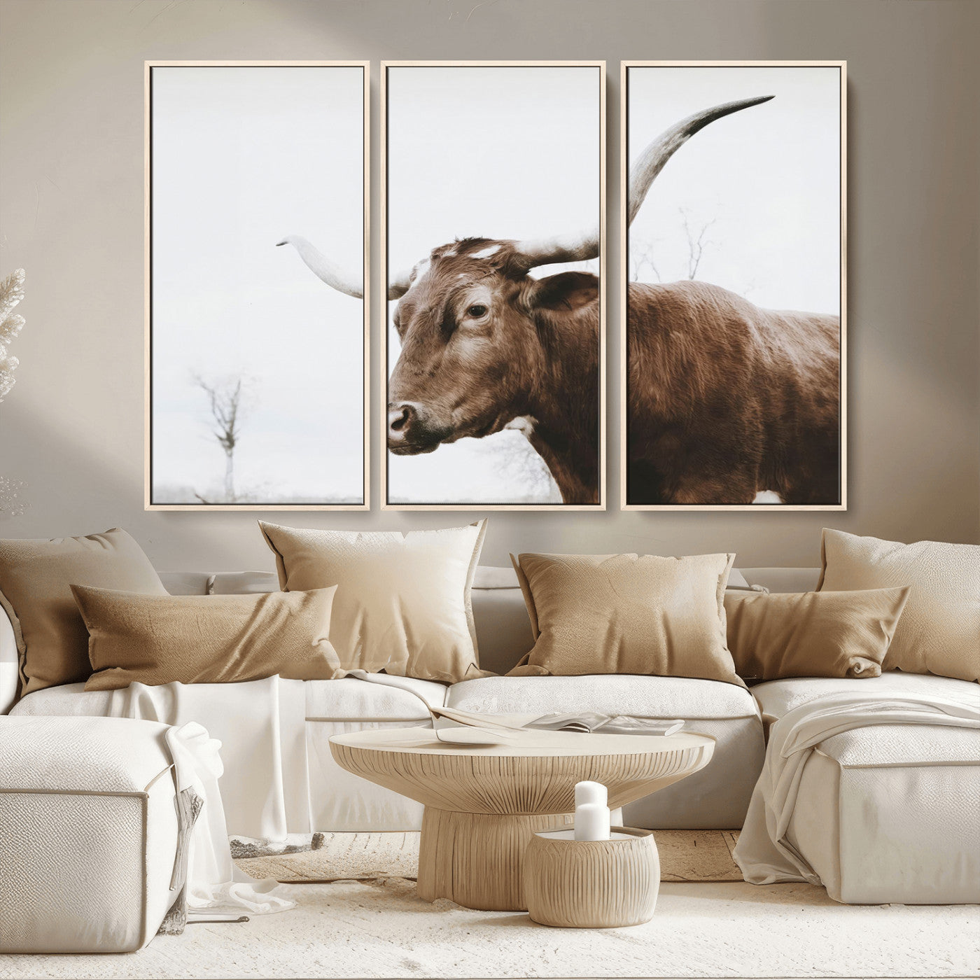 MGV-FC-48X32-3P - Rustic Bull Wall Art Canvas Print – Modern Longhorn Farmhouse Animal Decor – Abstract Farm Cow