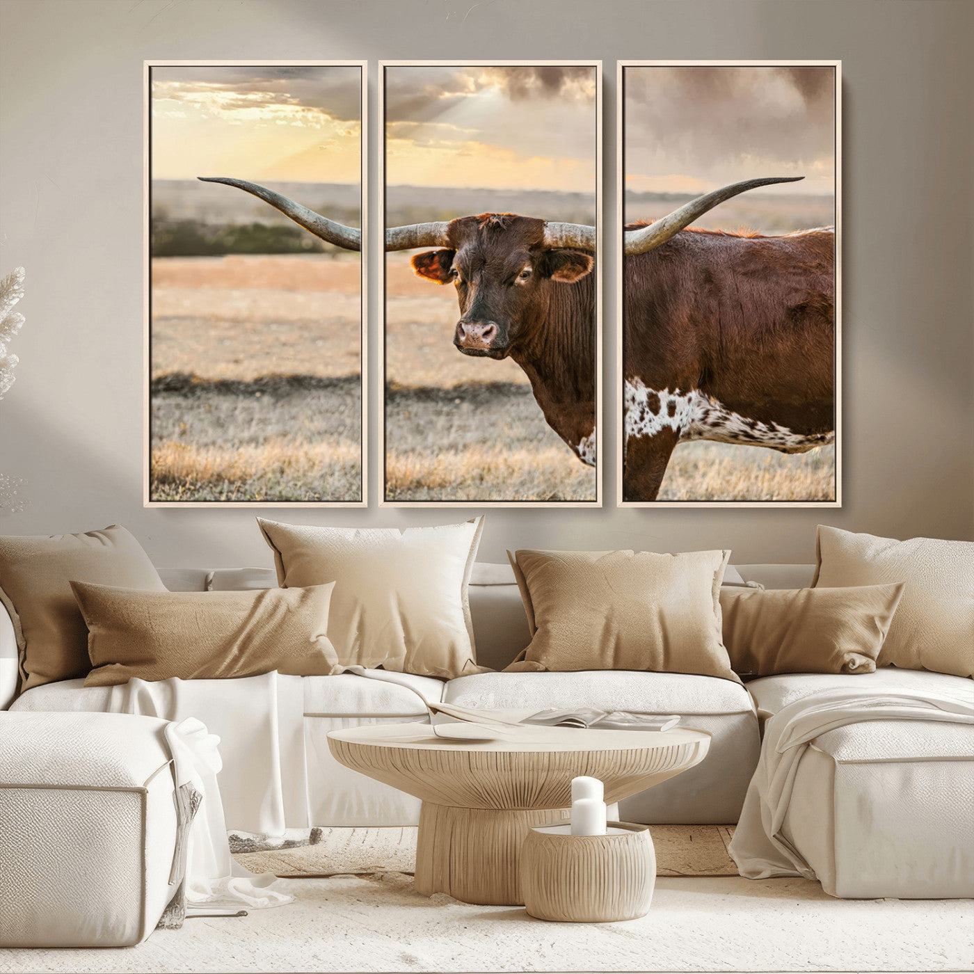 MGV-FC-48X32-3P - Texas Longhorn Wall Art Canvas Print, Rustic Ranch Decor, Majestic Western Longhorn Cattle