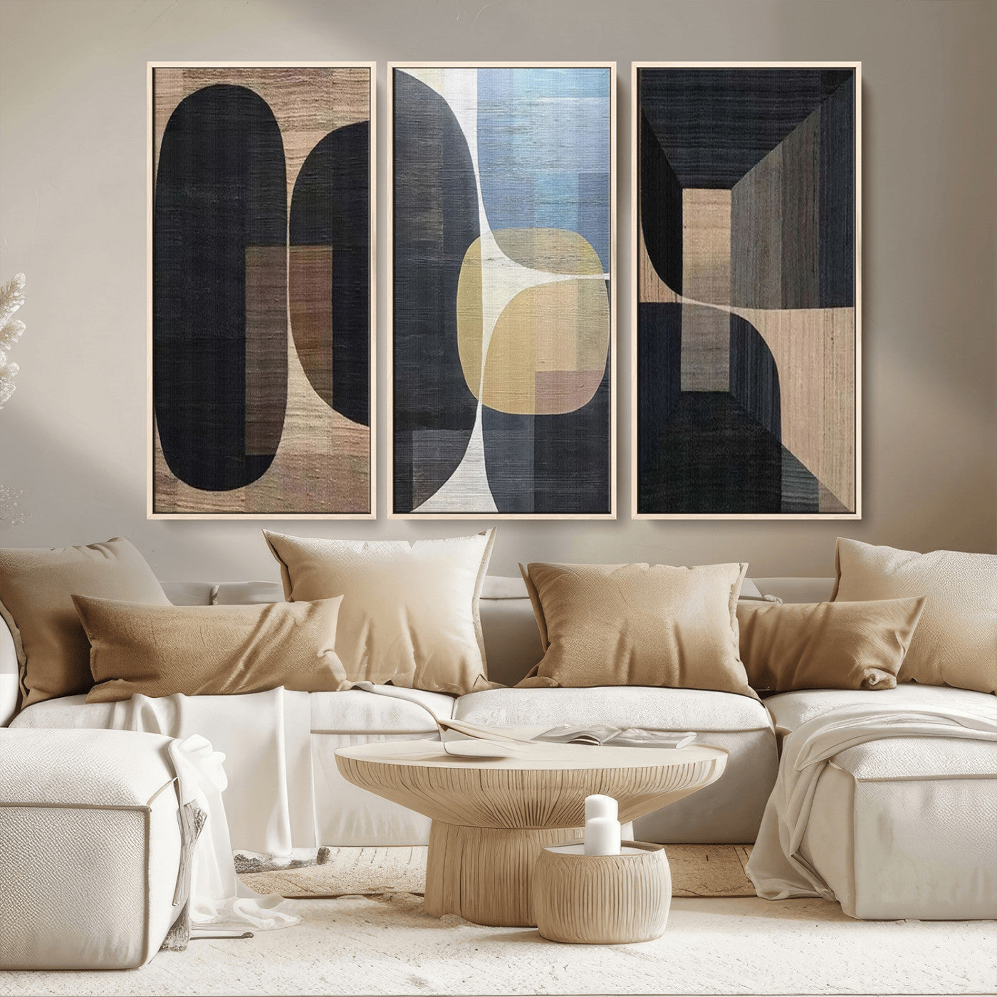 MGV-FC-48X32-3P - Minimalist Wabi Sabi Abstract Geometric Wall Art Canvas Print – Modern Minimalist Shapes – Ready to
