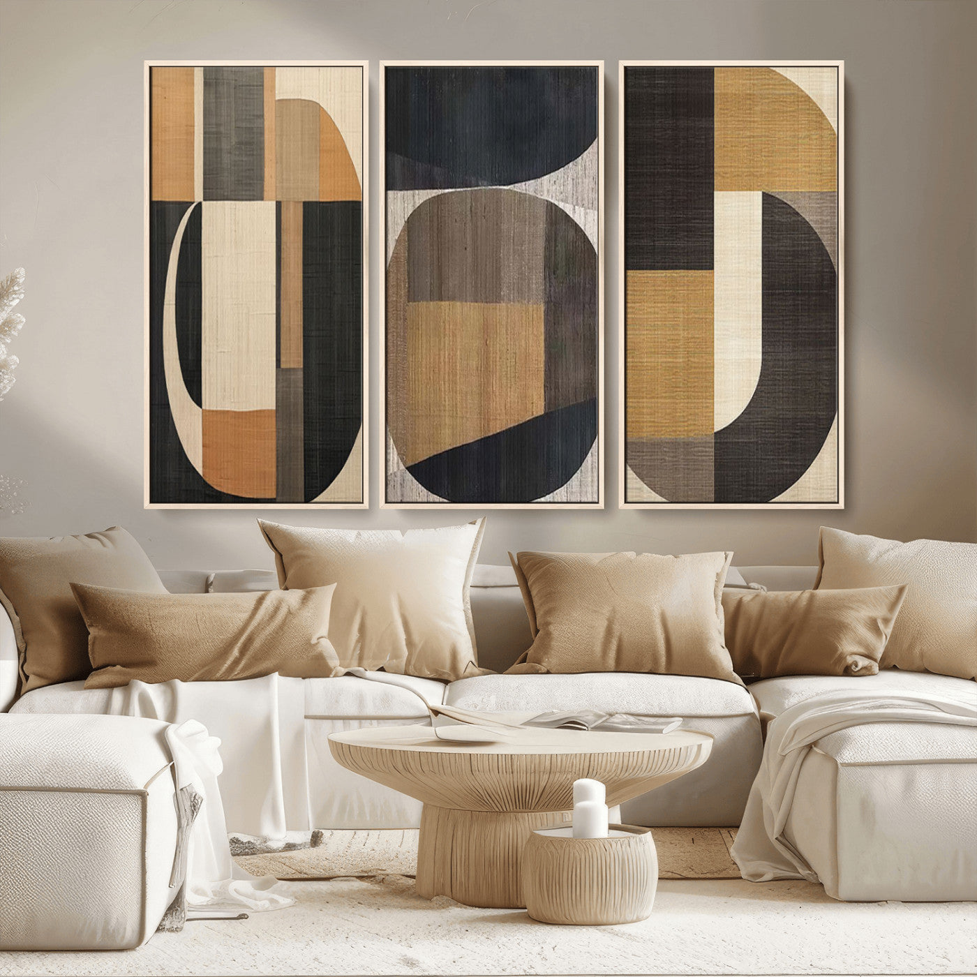 MGV-FC-48X32-3P - Modern Brown Wabi Sabi Abstract Wall Art Canvas Print Set, Minimalist Wall Art