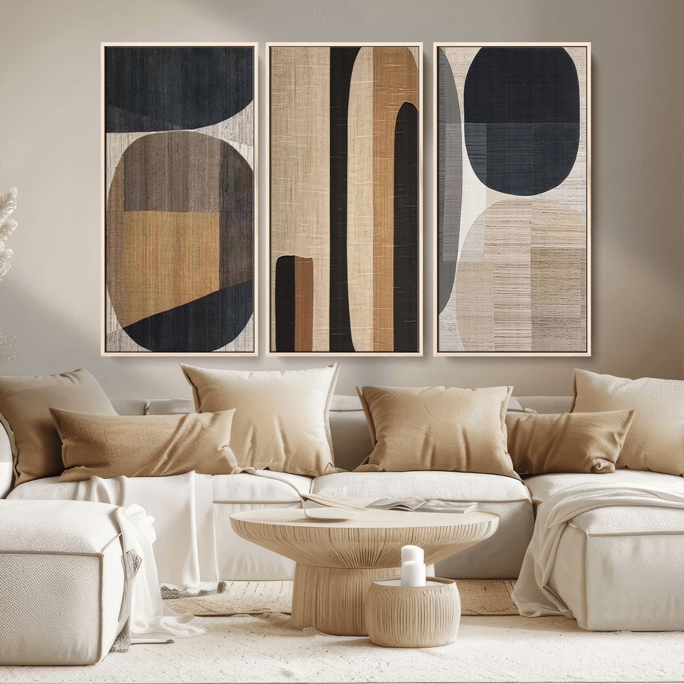 MGV-FC-48X32-3P - Abstract Minimalist Canvas Wall Art - Neutral Geometric Modern Boho Decor, Minimalist Brown Wabi