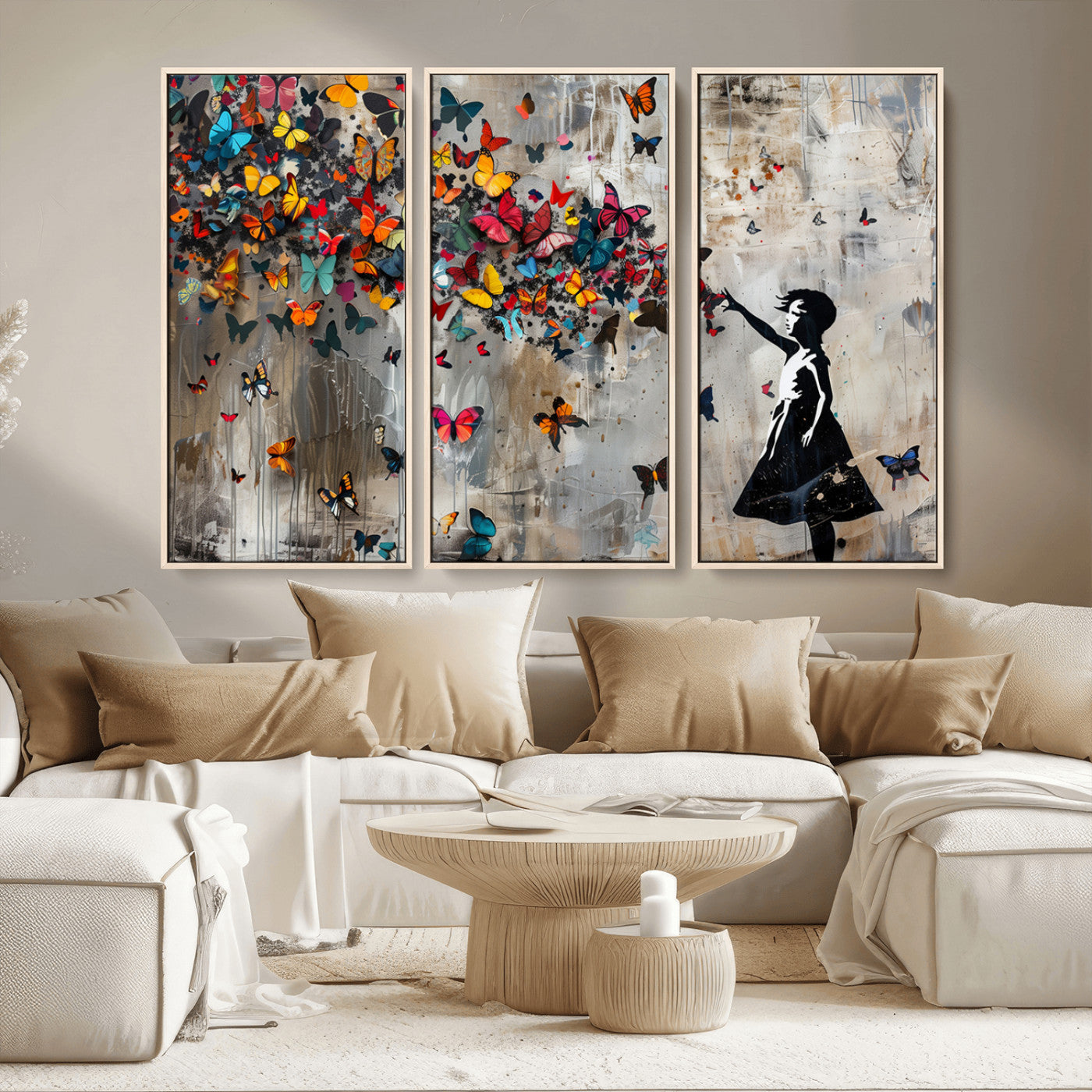 MGV-FC-48X32-3P - Banksy Wall Art - Banksy Girl and Butterfly Explosion Wall Art Canvas Print | Girl with Butterflies