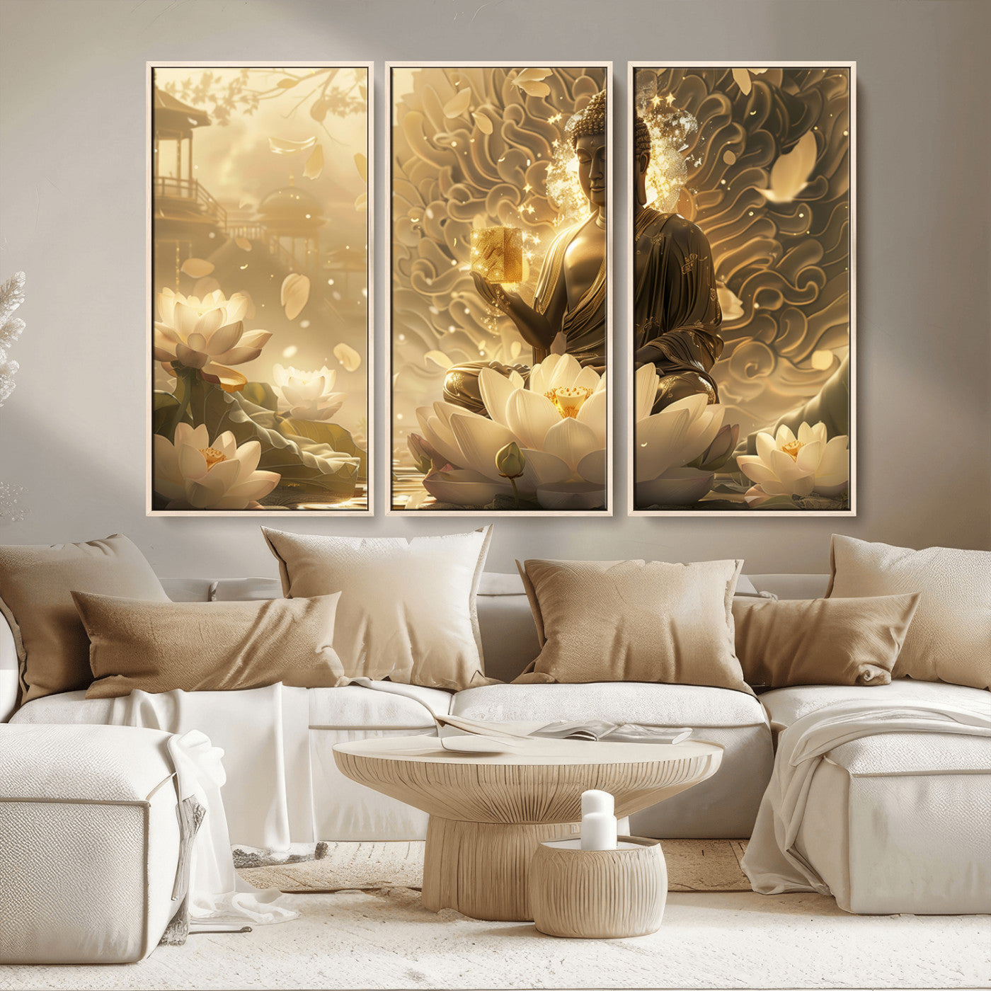 MGV-FC-48X32-3P - Golden Buddha Wall Art | Yoga Room Decor and Meditation Room Wall Art | Framed and Ready to Hang
