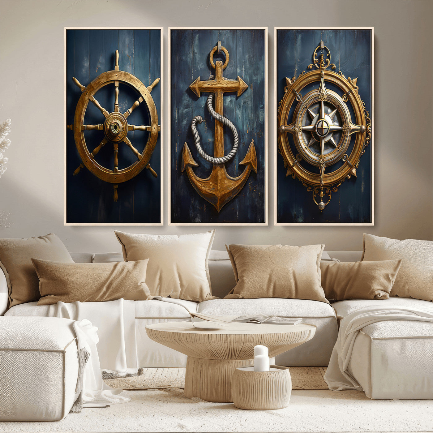 MGV-FC-48X32-3P - Boat Anchor Compass With Rope Wall Art Canvas Print | Beach House Wall Art