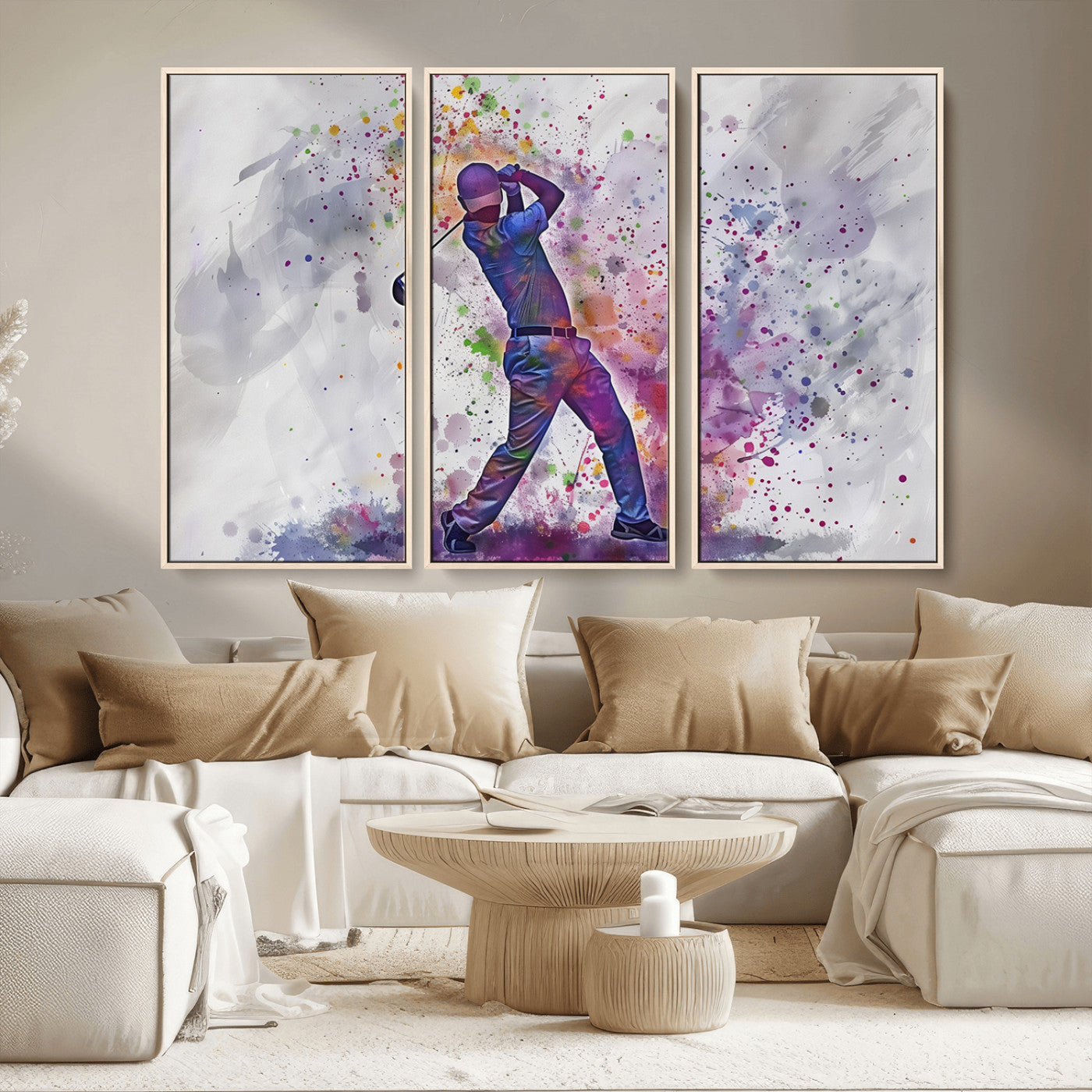 MGV-FC-48X32-3P - Watercolor Golf Swing Wall Art Canvas Print | Vibrant Abstract Golf Player Silhouette |