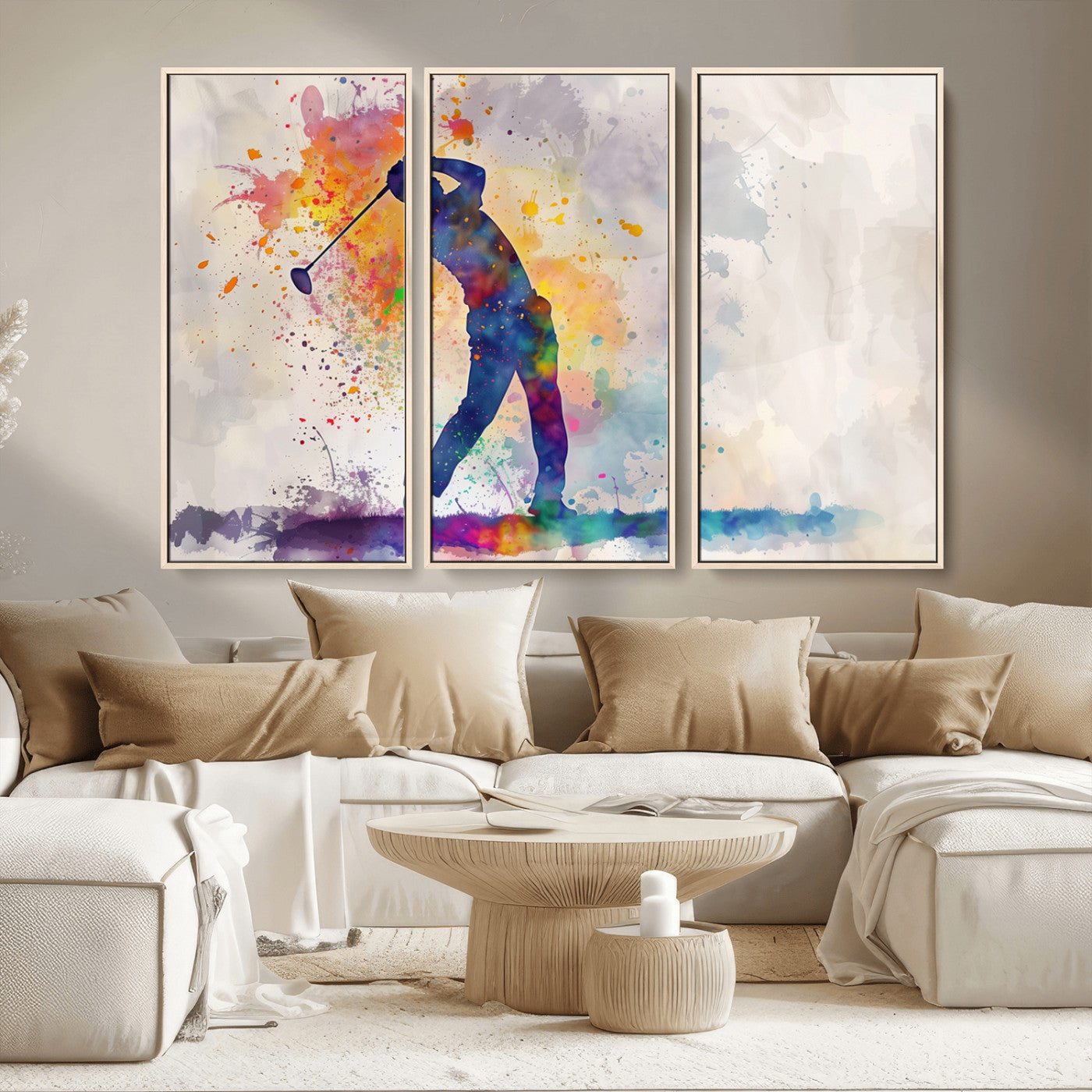 MGV-FC-48X32-3P - Watercolor Golf Swing Wall Art Canvas Print | Vibrant Abstract Golf Player Silhouette |