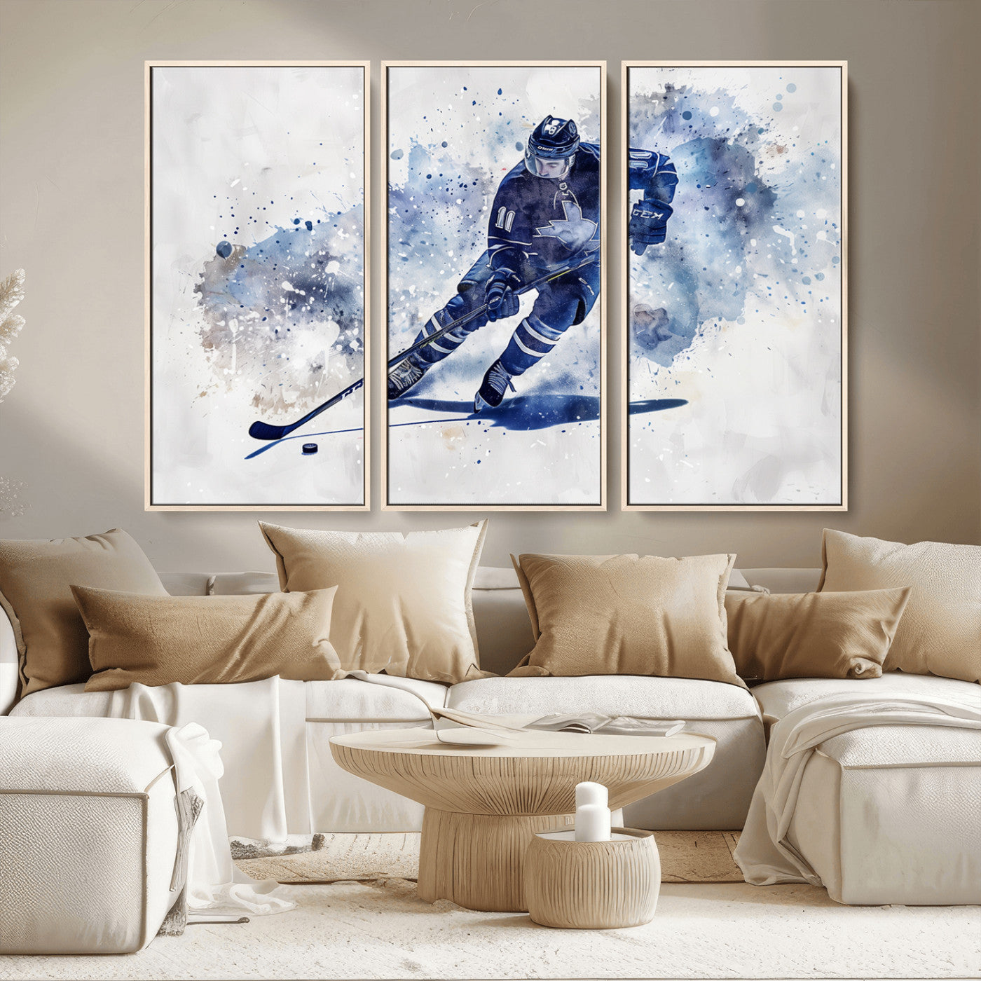MGV-FC-48X32-3P - Hockey Player Wall Art Canvas Print - Sports-Inspired Watercolor Decor - Ready to Hang