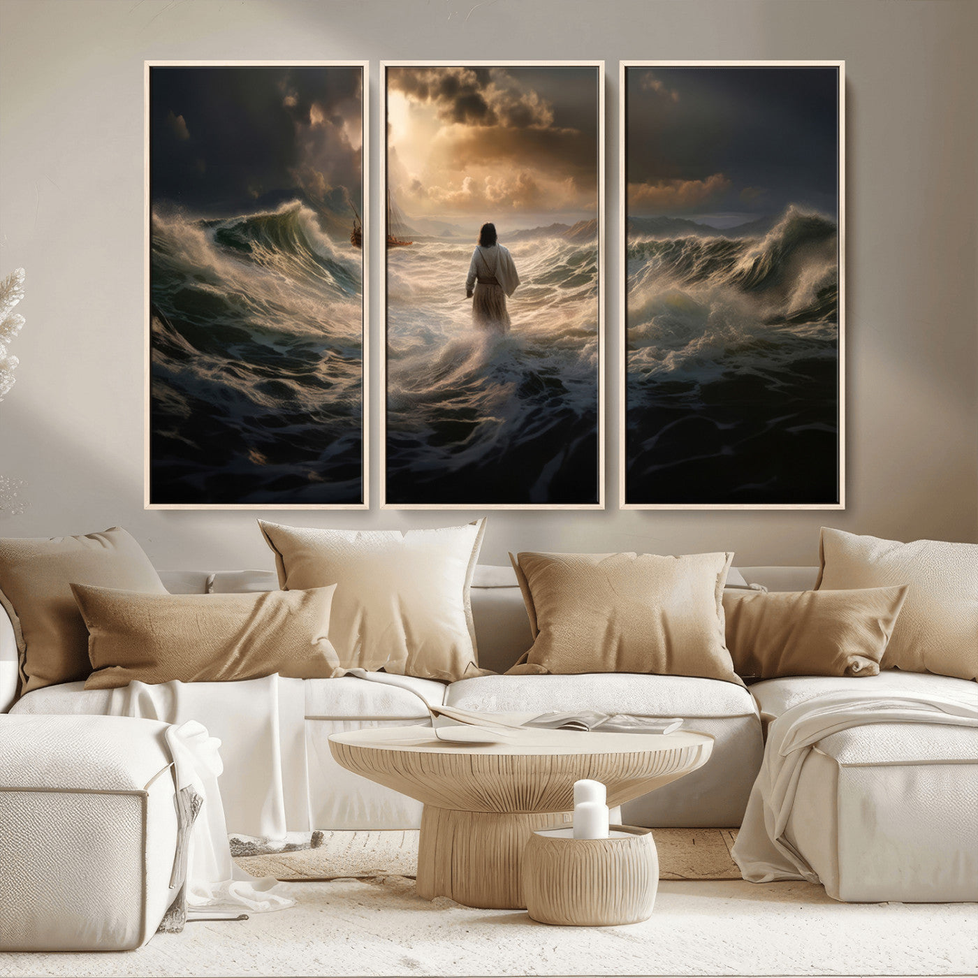 MGV-FC-48X32-3P - Jesus Walking on Water Wall Art Canvas Print - Religious Spiritual Decor - Jesus Wall Art Canvas