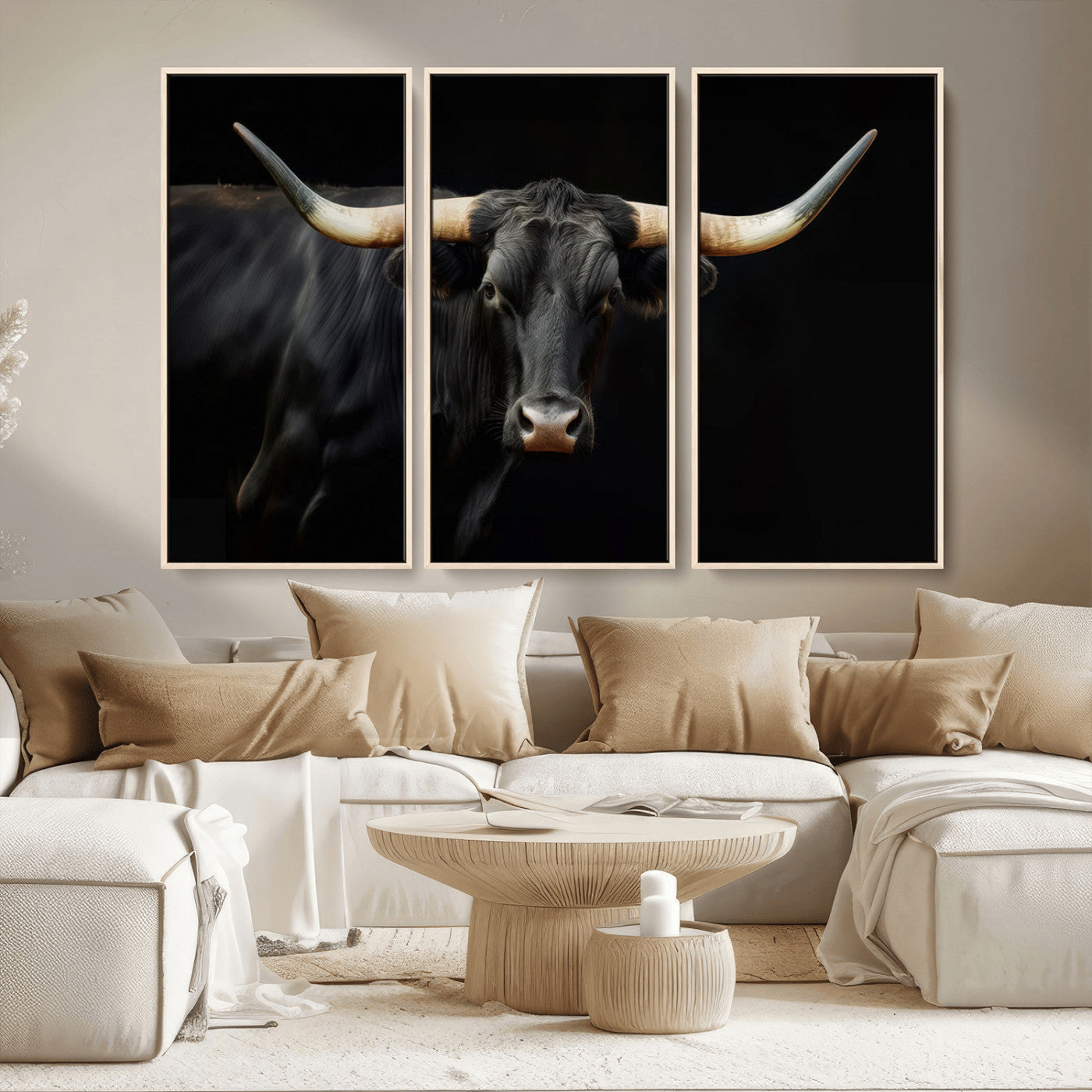 MGV-FC-48X32-3P - Texas Longhorn Cow | Majestic Black Bull Wall Art Canvas Print - Farmhouse Animal Decor - Ready to
