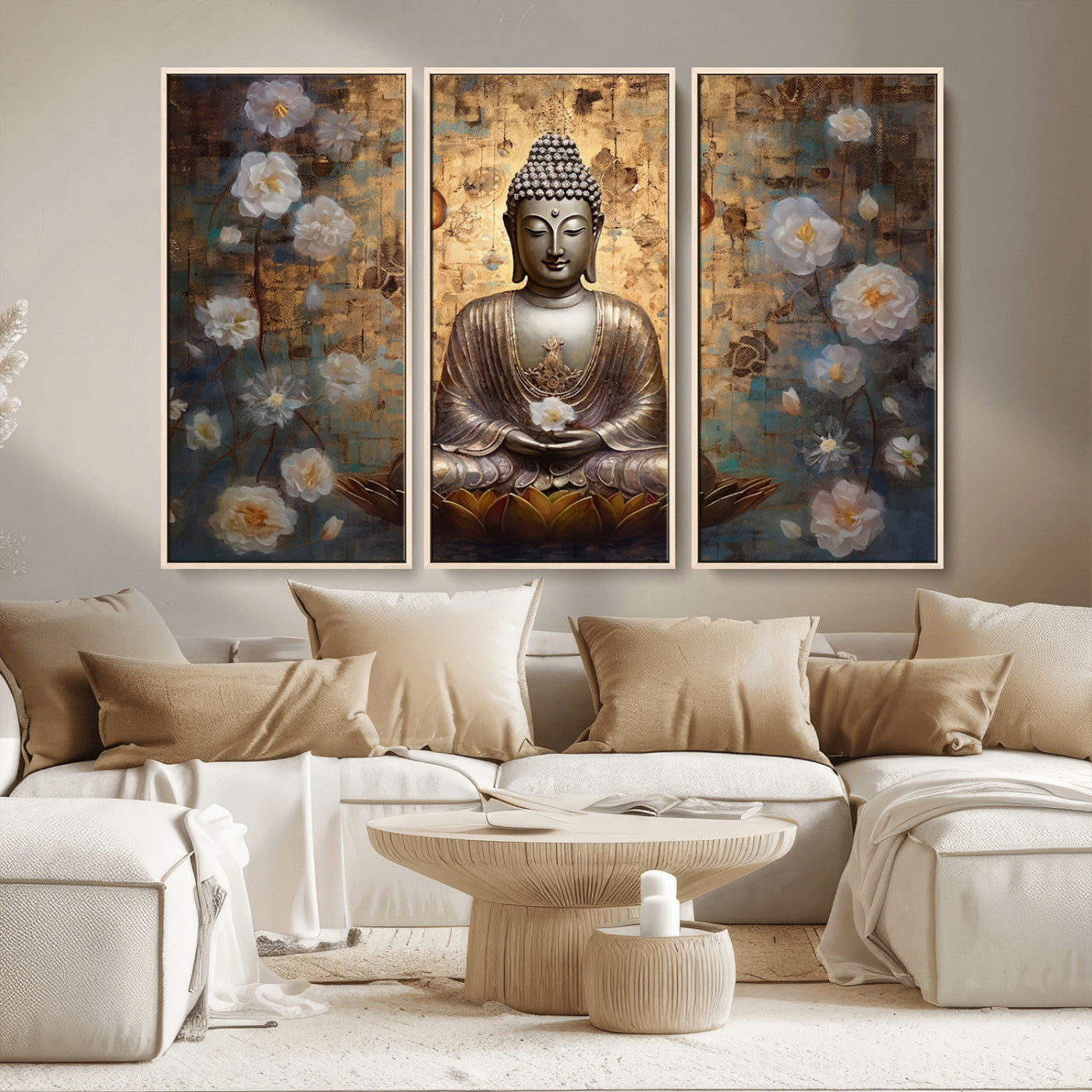 MGV-FC-48X32-3P - Golden Buddha Wall Art Canvas Print | Zen Meditation Floral Decor | Tranquil Spiritual Home Art |