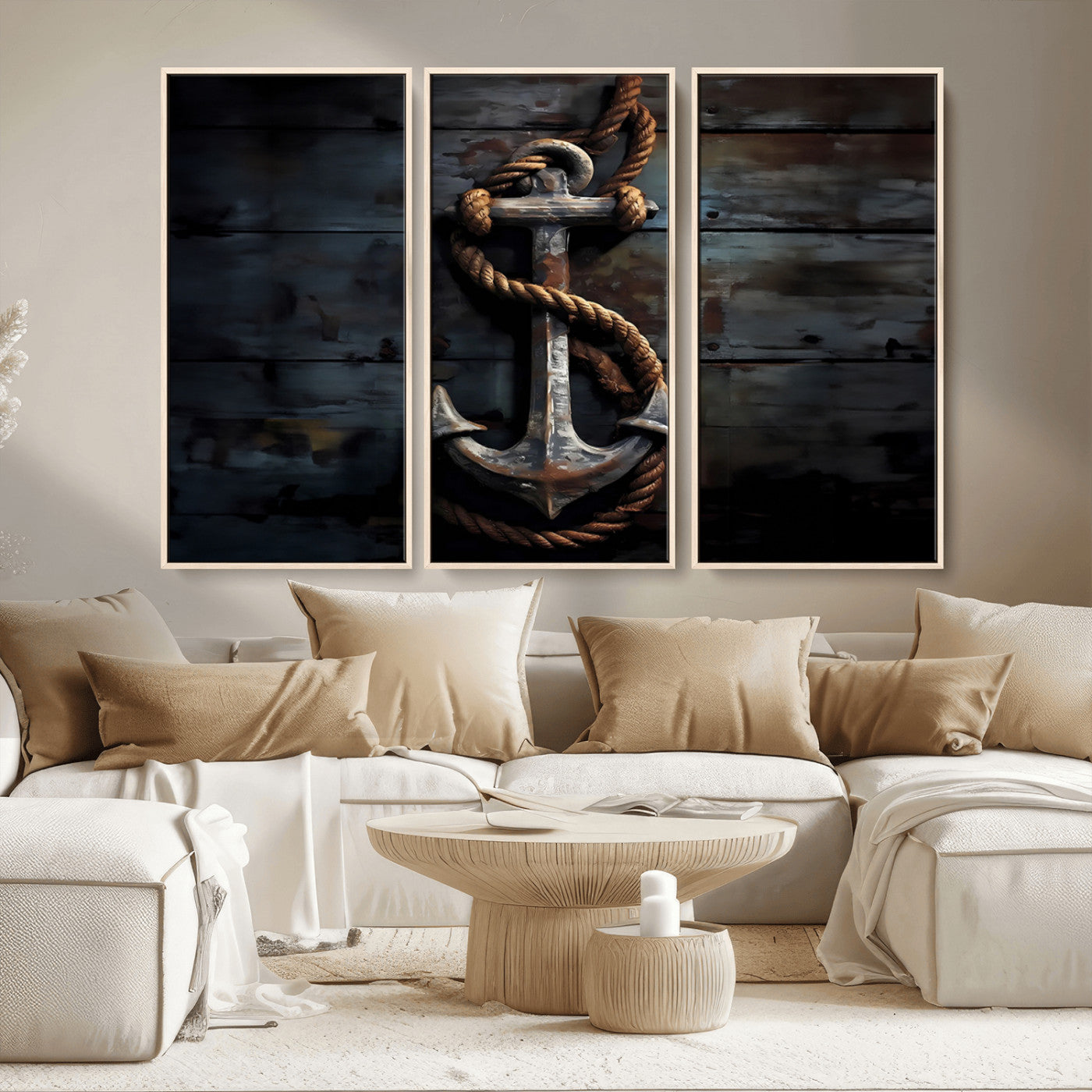 MGV-FC-48X32-3P - 3 Panel Grunge Abstract Anchor Wall Art Canvas Print Set