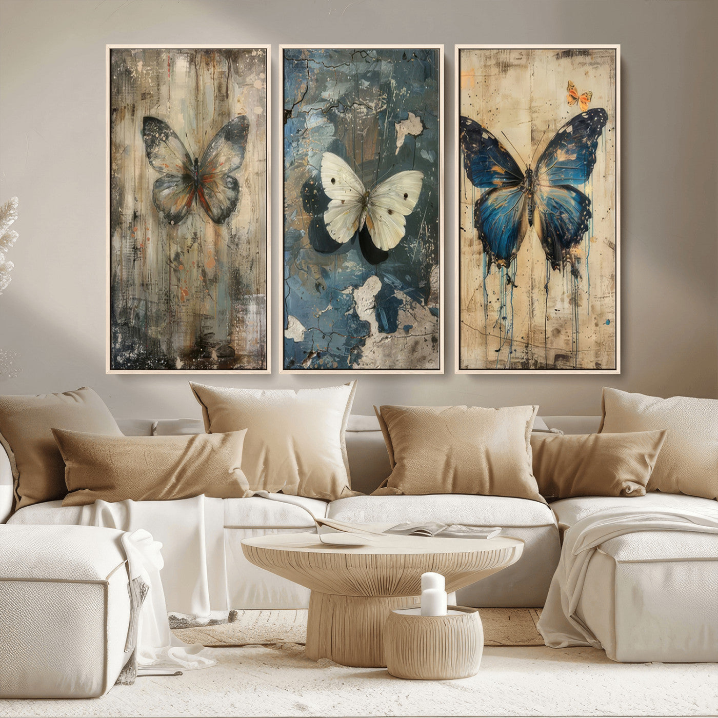 MGV-FC-48X32-3P - Butterfly Wall Art Trio | Vintage Butterfly Canvas Print | Ready to Hang Framed Artwork for