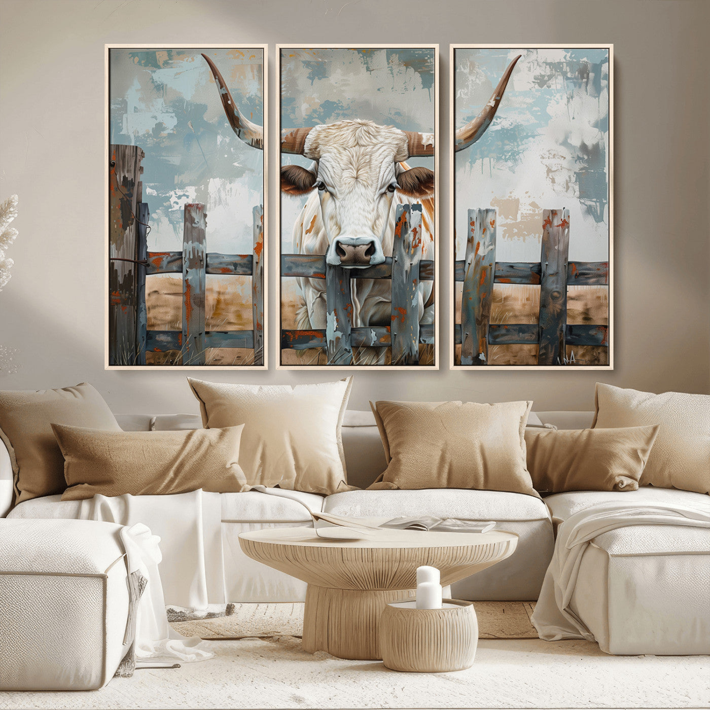 MGV-FC-48X32-3P - Vintage Cow Wall Art Canvas Print for Farmhouse Wall Decor Theme, Cattle Wall Art Print