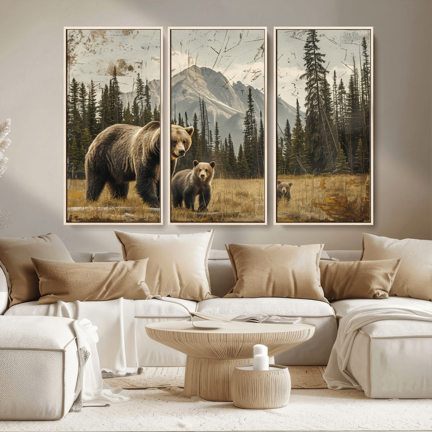 MGV-FC-48X32-3P - Rustic Grizzly 399 Bear Family Wall Art Canvas Print