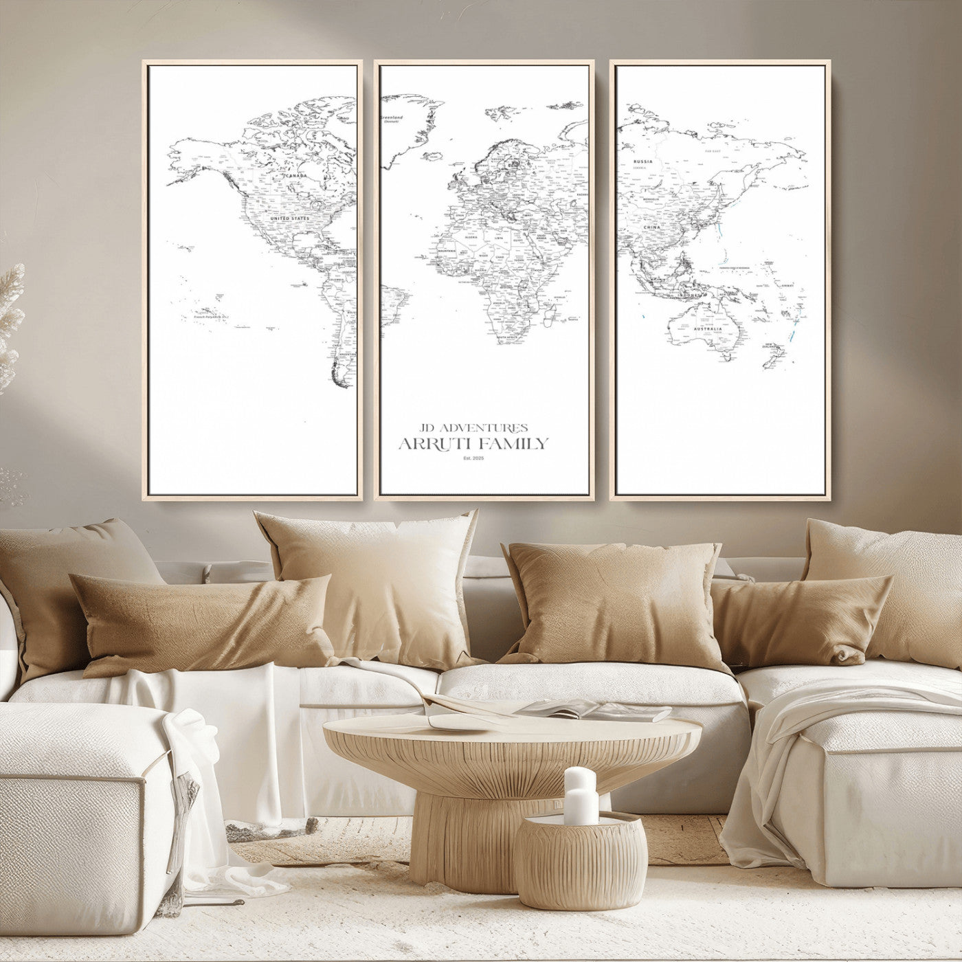 MGV-FC-48X32-3P - Custom World Map Wall Art – Personalized Framed Canvas Print with Push Pins for Travel Tracking,