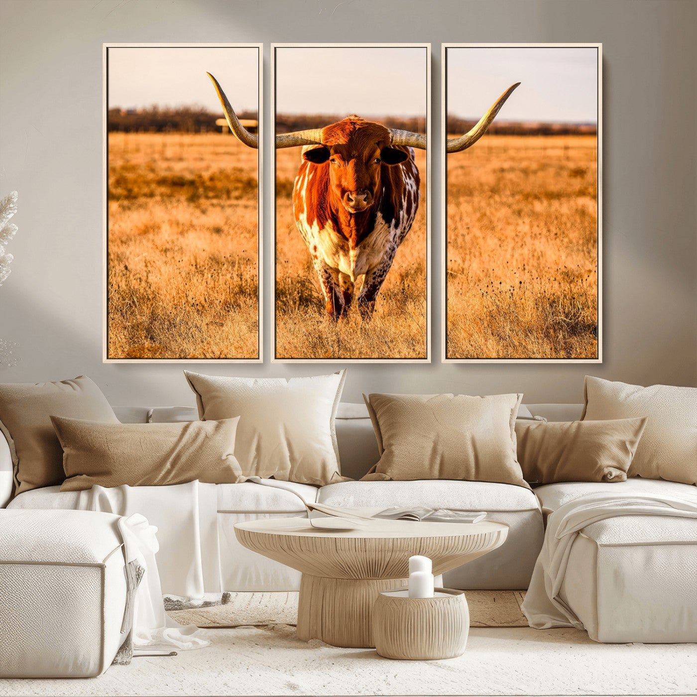 MGV-FC-48X32-3P - Longhorn Cow Wall Art | Ready to Hang Framed Canvas Print for Farmhouse and Barn Decor