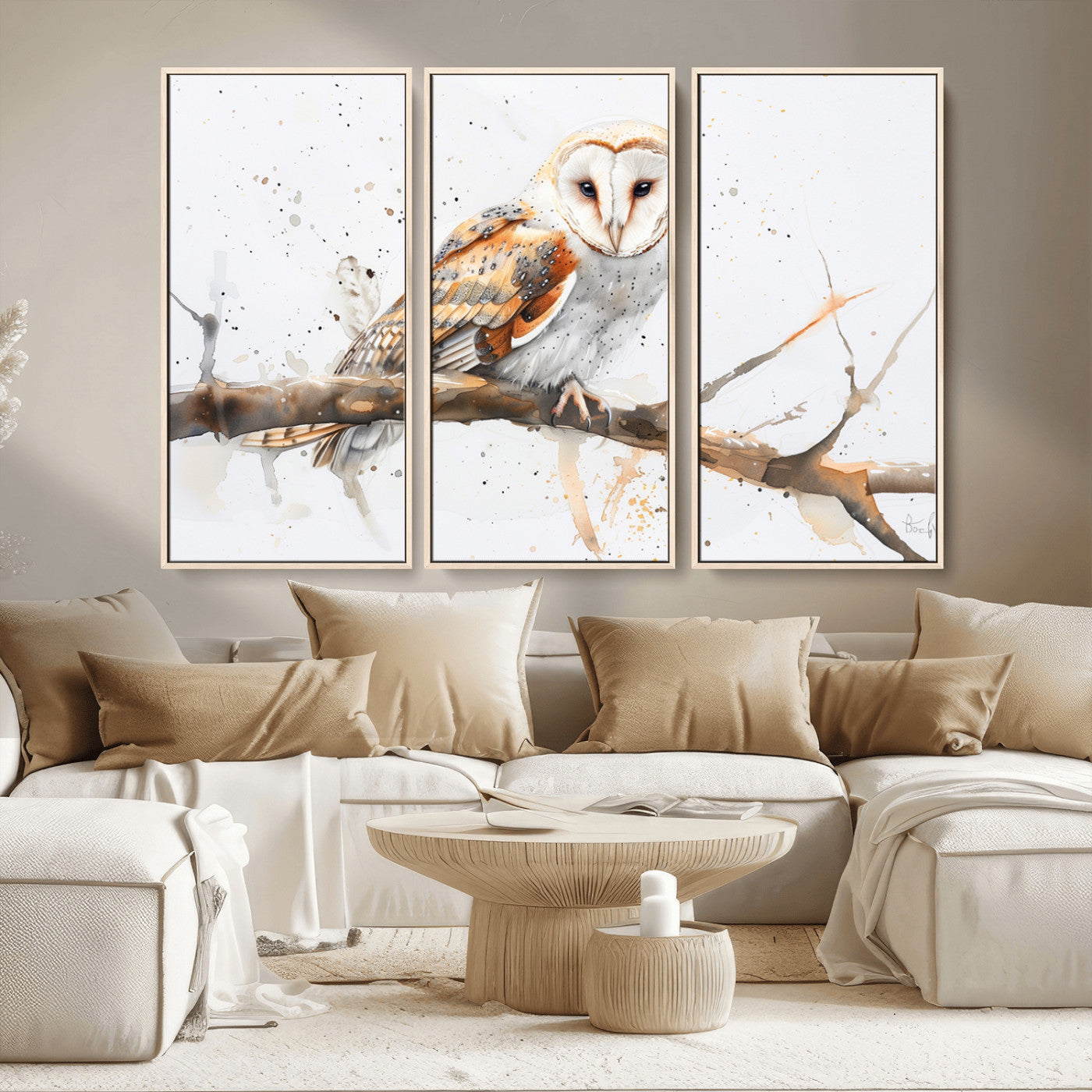 MGV-FC-48X32-3P - Barn Owl Wall Art on Branch | Stunning Canvas Print for Nature Lovers | Ready to Hang and Framed