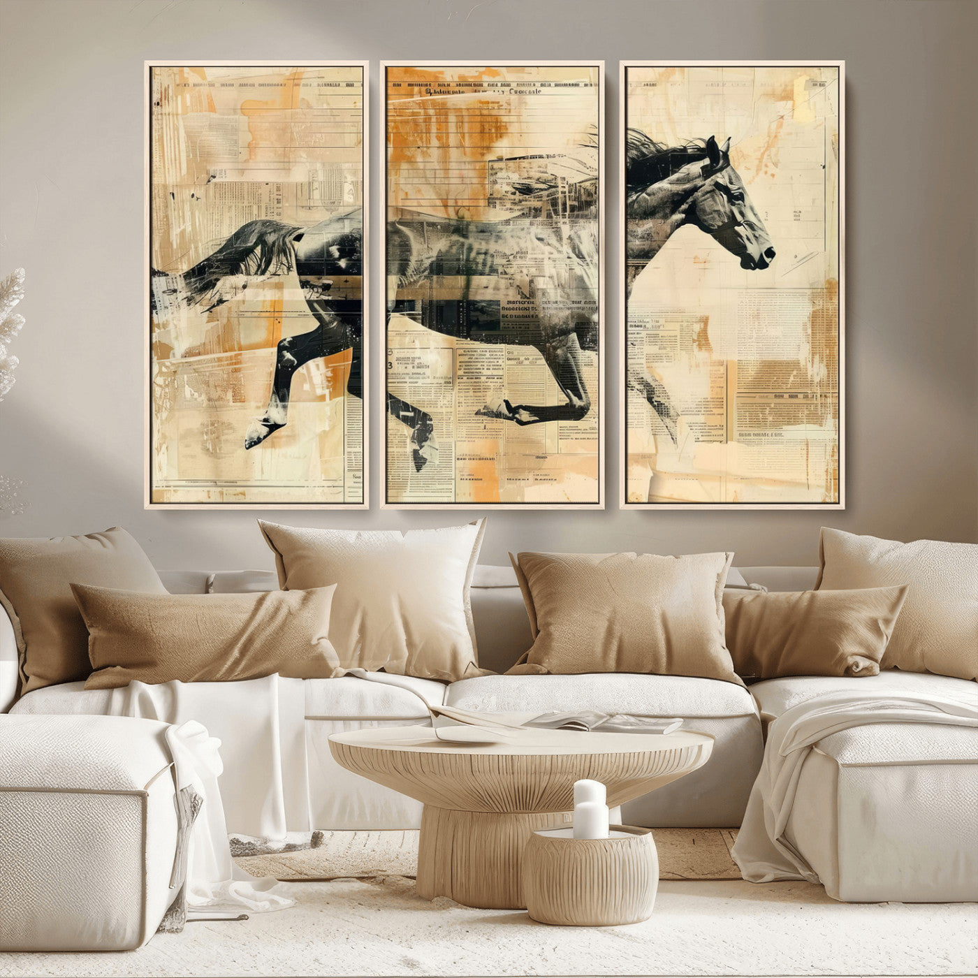 MGV-FC-48X32-3P - Chines Style Running Horse Western Wall Art | Farmhouse Wall Decor | Ready to Hang Framed Canvas