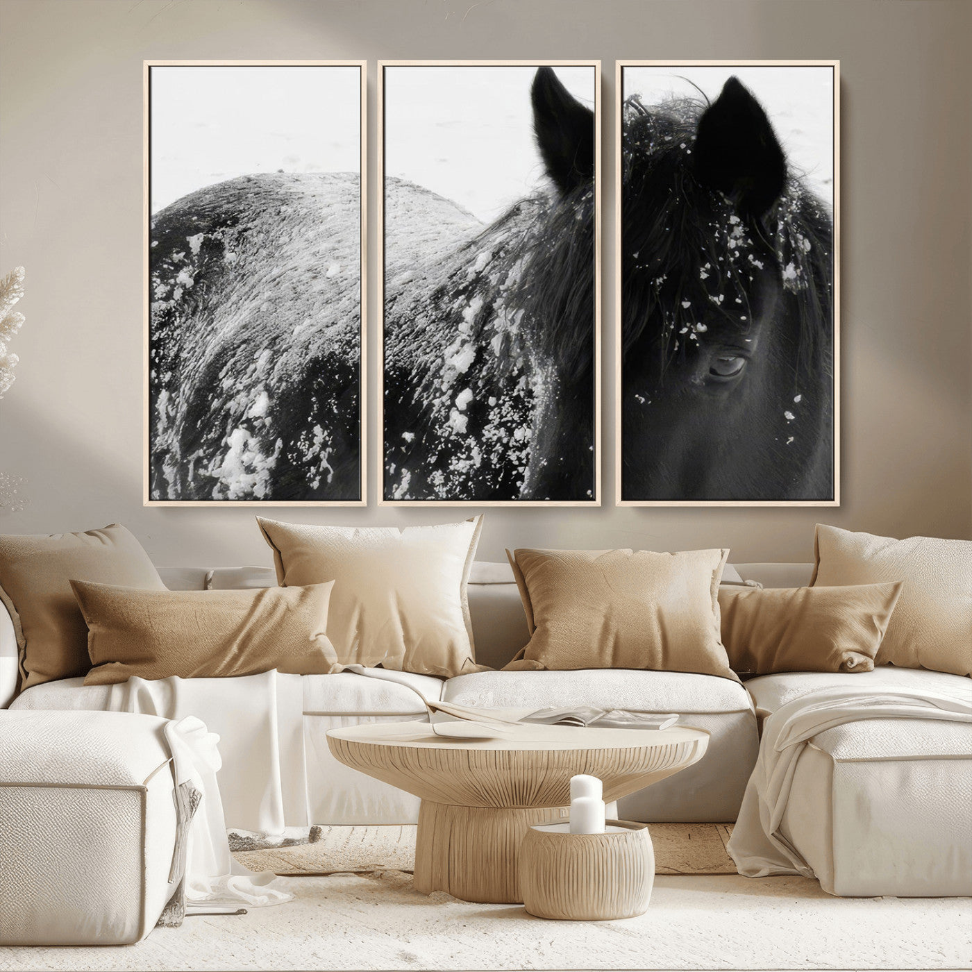 MGV-FC-48X32-3P - Black Horse in Snow Canvas Print | Winter Horse Wall Art | Ready to Hang and Framed | Farmhouse Wall