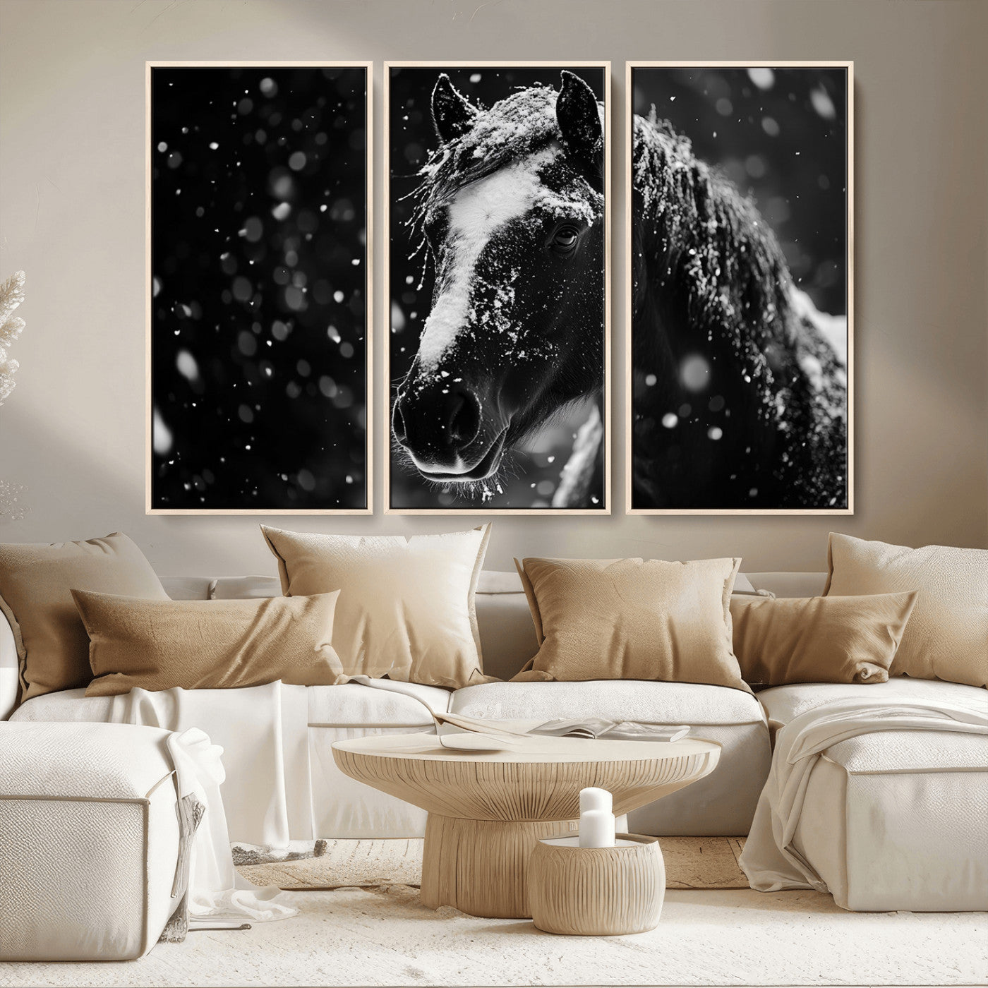 MGV-FC-48X32-3P - Winter Horse Wall Art | Black and White Horse Print | Ready to Hang and Framed | Farmhouse Wall Art