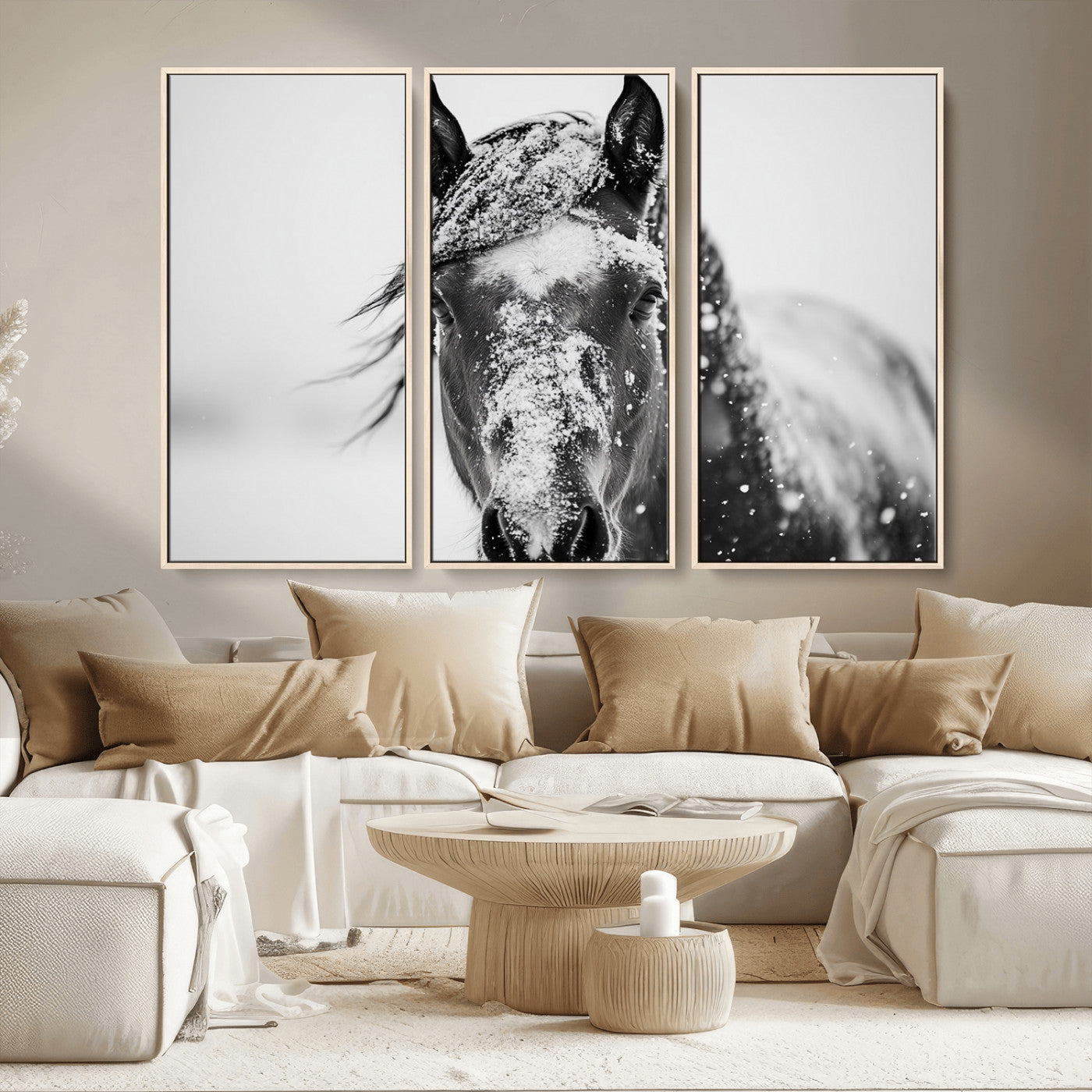 MGV-FC-48X32-3P - Western Wall Art | Black and White Winter Horse Wall Art | Ready to Hang and Framed | Farmhouse and